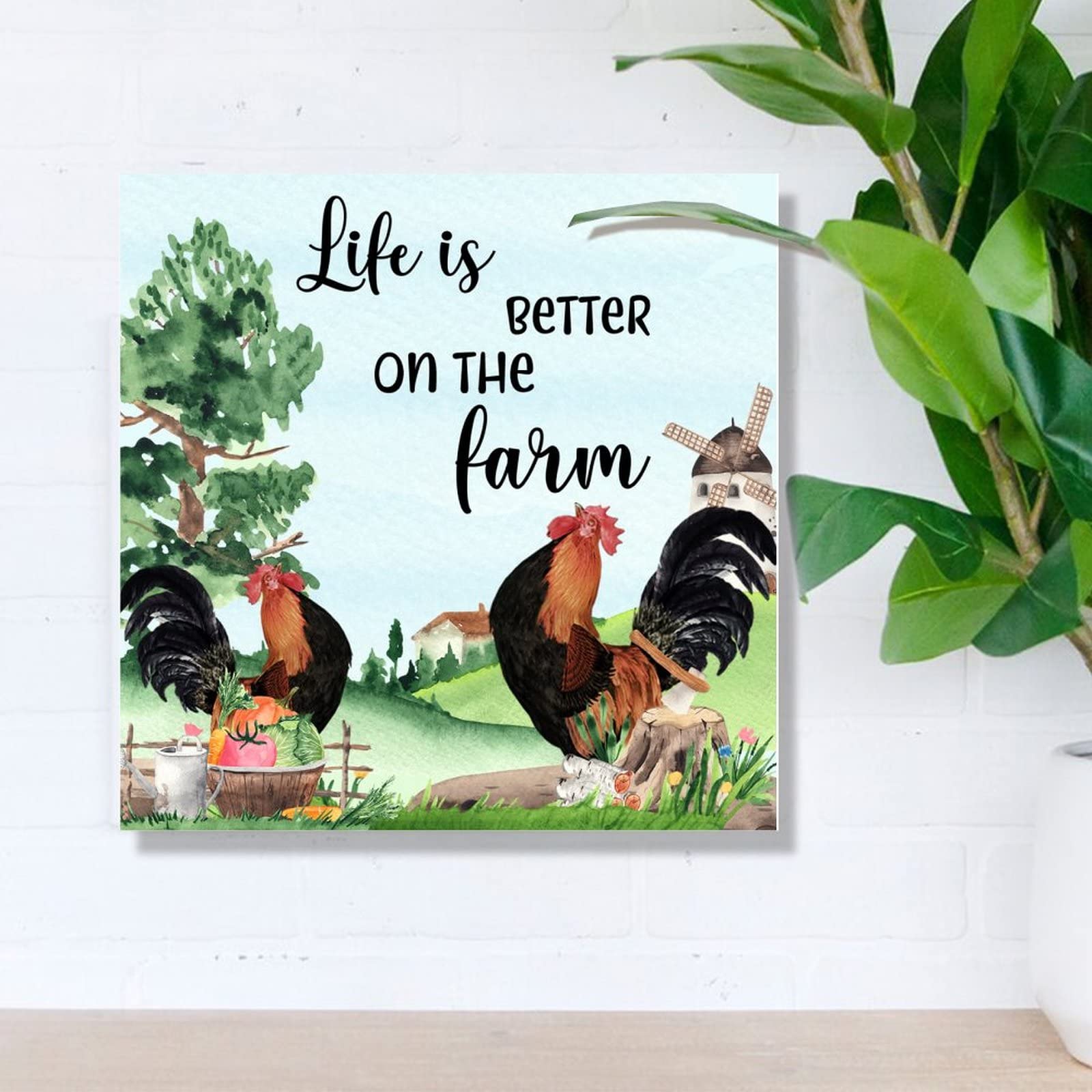 Rustic Wooden Rooster Wall Art Plaque - Farmhouse Country Decor for Chicken Coop, Home & Office - 16x16 Inch Wooden Hanging Sign - Perfect for Farmhouse, Country Kitchen & Rustic Wall Decor