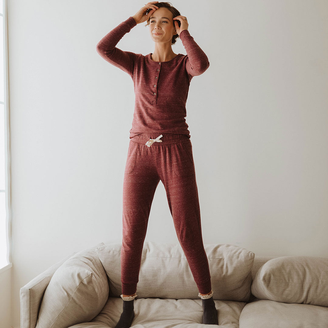Cozy Cabin Fever Jogger Pants for Women - Soft Heather Maroon Lounge Pants - Perfect for Relaxing at Home, Yoga & Winter Comfort