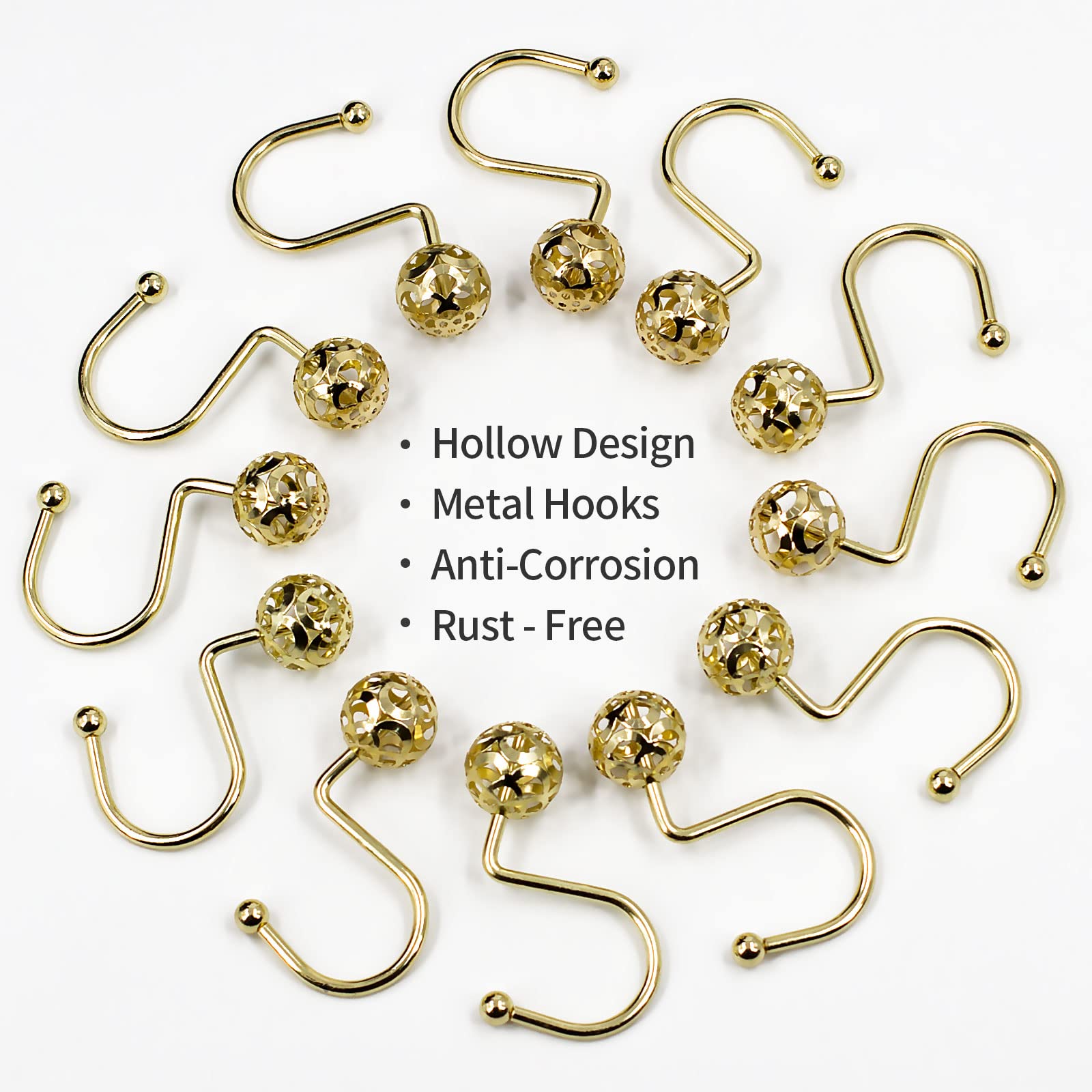 Premium Gold Metal Shower Curtain Hooks with Hollow Ball Design - Rust-Proof Bling Yellow Shower Rings for Curtain Liners & Bathroom Accessories - Perfect for Modern Bathrooms, Spa Retreats & Luxury Home Decor