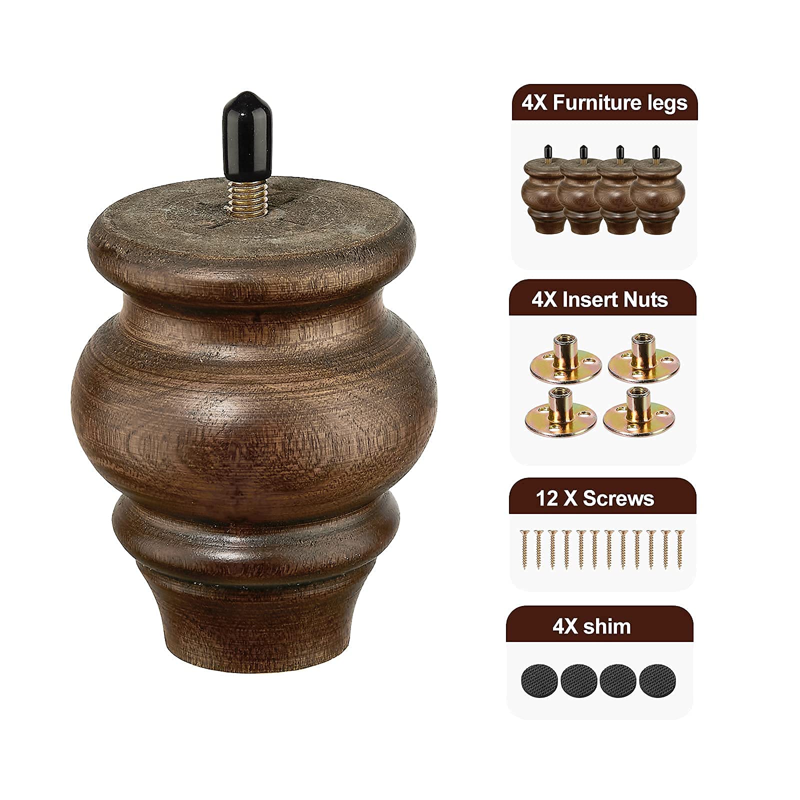 3.5 Inch Round Wooden Sofa Legs Set of 4 - Brown Furniture Replacement Feet for Couch, Armchair, Recliner & Coffee Table - Perfect for Home Office, Living Room & Bedroom Decor