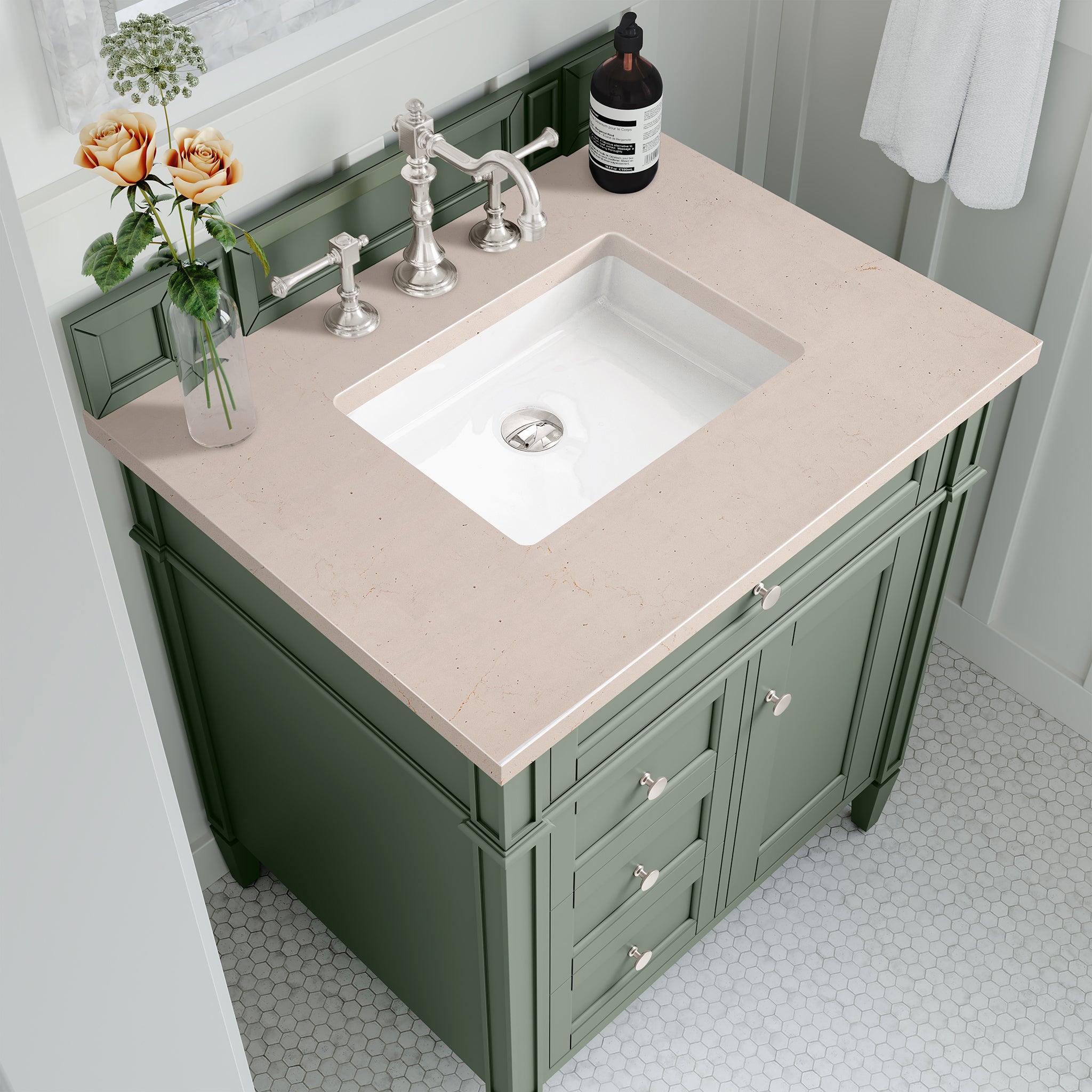Brittany 30-Inch Single Bathroom Vanity in Smokey Celadon with 3CM Eternal Marfil Quartz Top - Perfect for Small Bathrooms, Powder Rooms & Master Bath Renovations