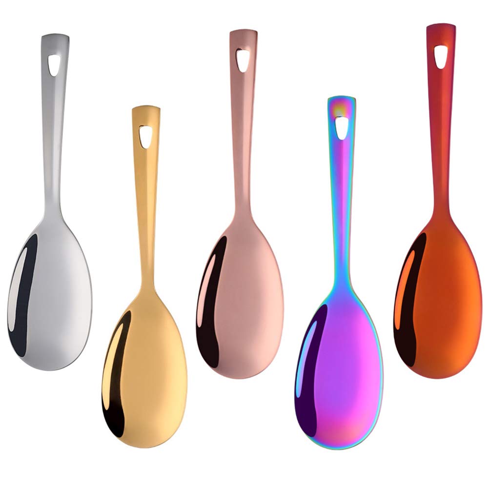 Premium Stainless Steel Rice Spoon Set - 5-Piece Mirror Polished Kitchen Utensils with Ergonomic Handle (10.3 Inch) - Dishwasher Safe Rice Paddle & Scooper - Perfect for Cooking, Serving Sushi, Rice Dishes & Meal Prep