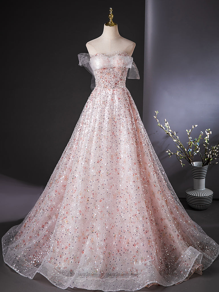Elegant A-Line Tulle Lace Sequin Pink Long Prom Dress - Formal Evening Gown for Homecoming, Wedding, and Special Occasions