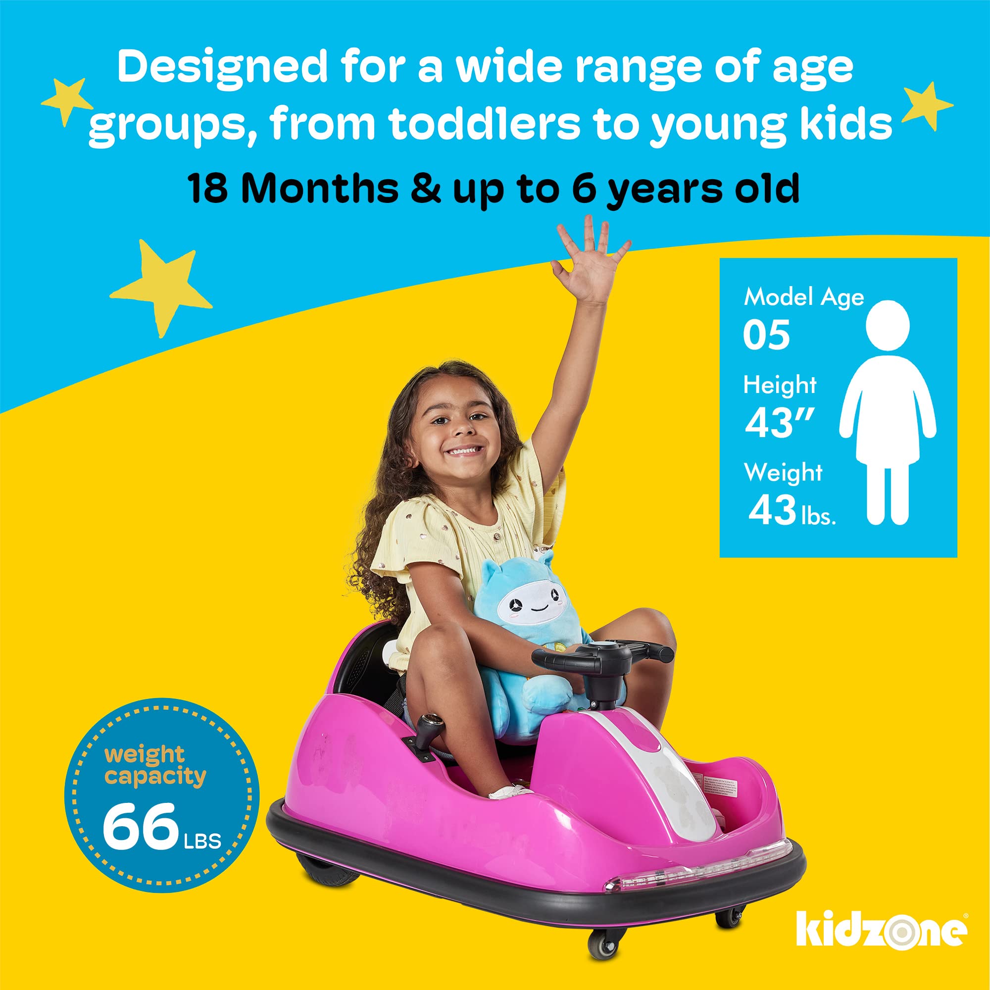 Kidzone 12V Ride On Bumper Car for Kids 1.5-6 Years Old - 2 Driving Modes (Steering Wheel & Joystick), 360° Spin, Remote Control & LED Lights - Perfect for Indoor/Outdoor Play, Birthday Gifts & DIY Sticker Fun