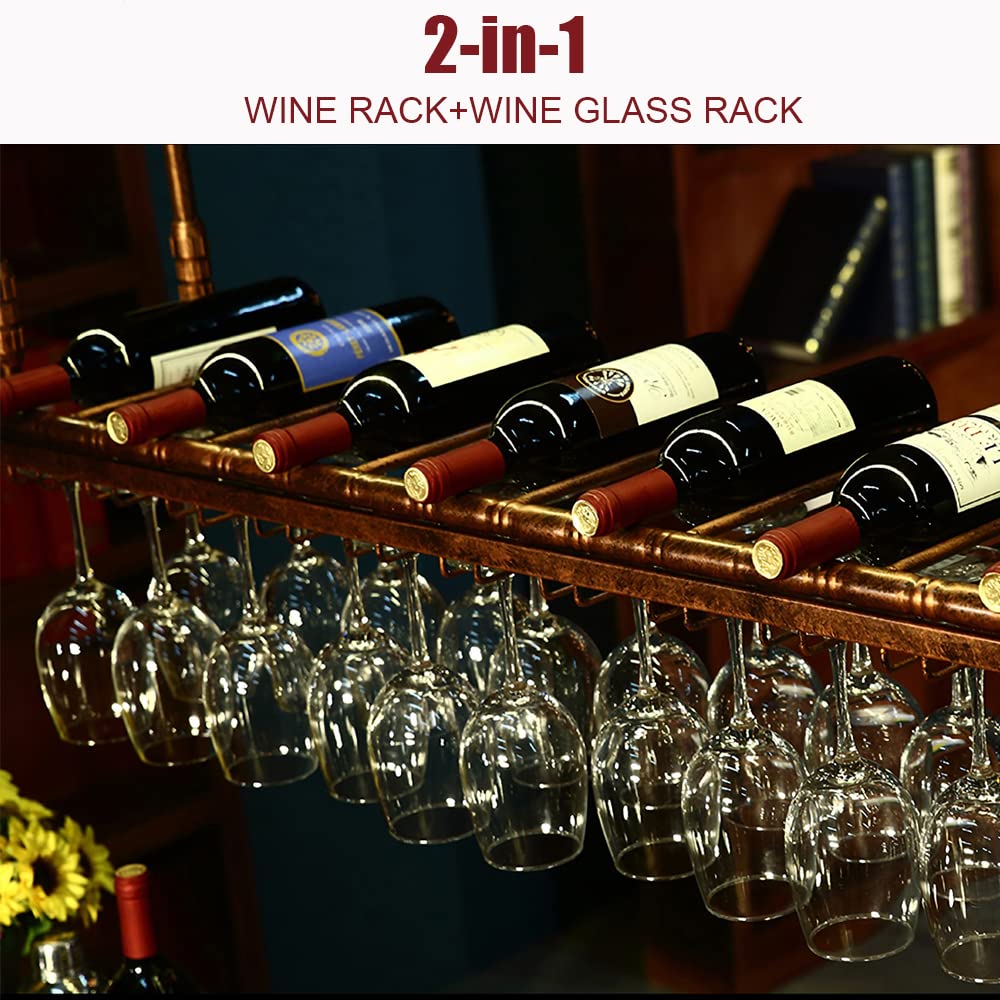 Rustic Wall Mounted Wine Rack with Adjustable Hanging Bar & Glass Holder - 47.2 Inch Bottle Shelf for Kitchen, Bar, Dining Room - Perfect for Home Decor & Wine Storage Organization