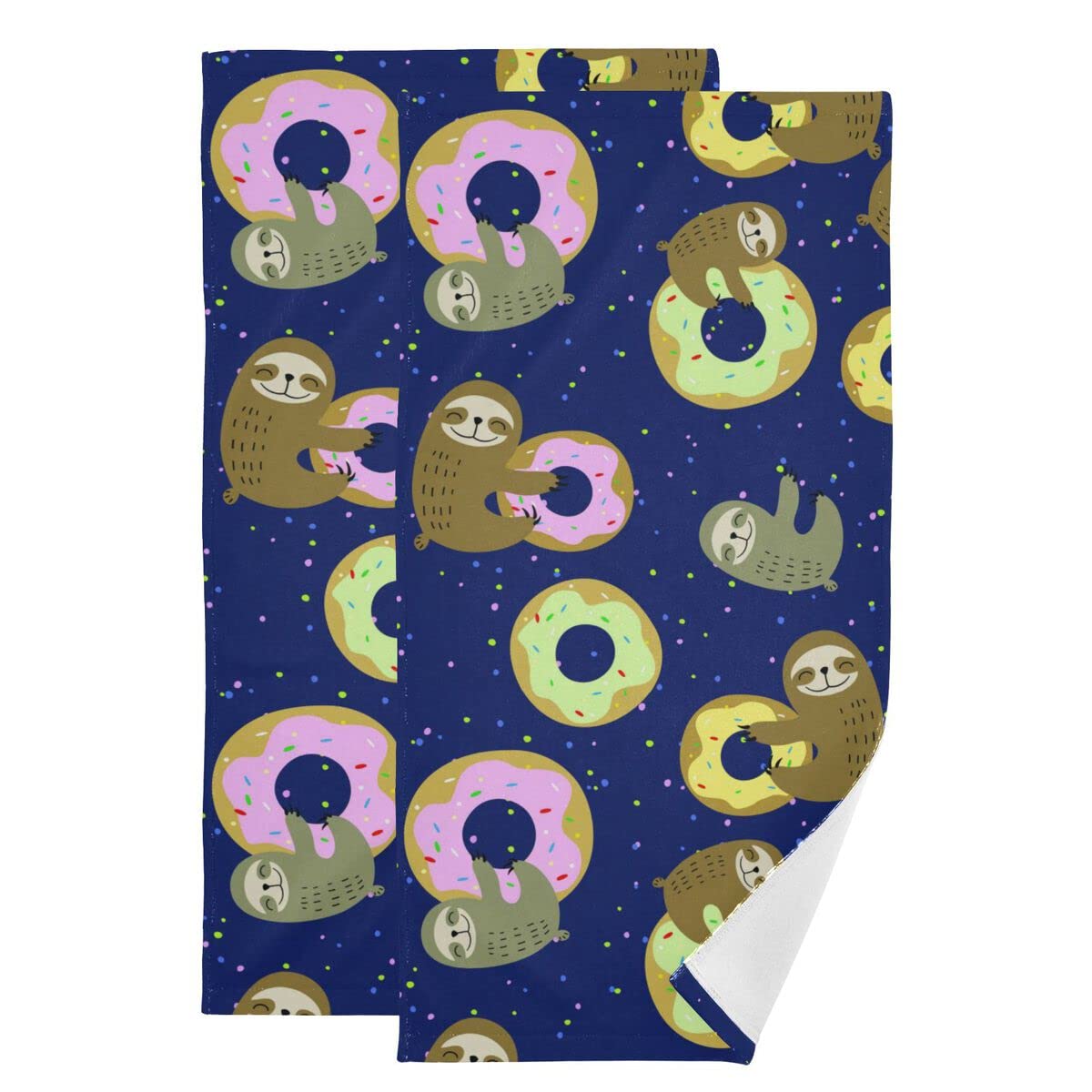 Cute Sloth Donut Towel Set of 2 - Cartoon Animal Dessert Hand & Face Towels - Fast Drying Bath & Tea Towels for Kitchen, Bathroom Spa Decor - Perfect for Home, Gift & Coffee Shop Use