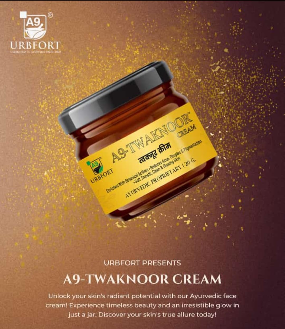 URBFORT A9 Twak Noor Organic Face Cream - Ayurvedic Acne Scar & Pimple Treatment with Neem, Tea Tree Oil, Shea Butter & Rose Water - Natural Skincare for Men & Women (20g) | Perfect for Daily Acne Care & Skin Brightening
