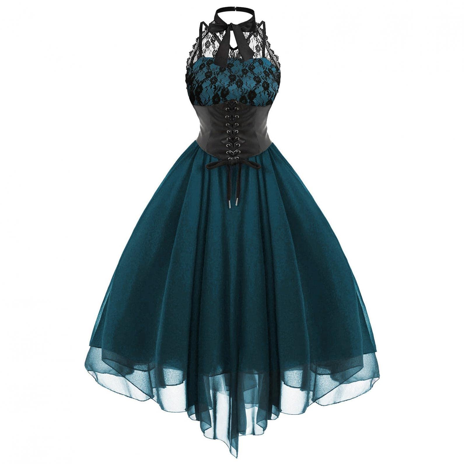 Medieval Costume for Women - Gothic Sleeveless Corset Dress with Lace Trim, Halter Neck Swing Cocktail Dress for Halloween, Cosplay, Renaissance Fairs & Themed Parties