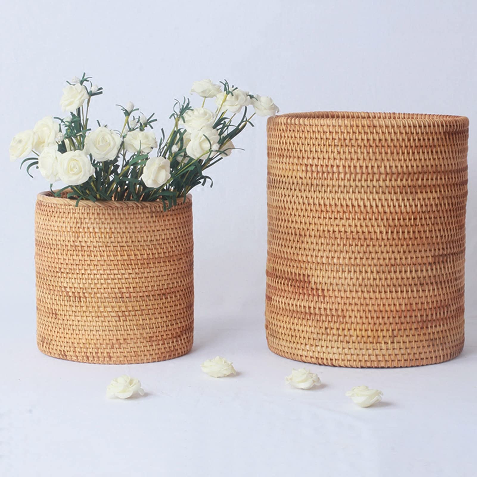 Eco-Friendly Rattan Trash Can - Round Bathroom Waste Basket, Natural Desktop Cylinder Garbage Bin for Bedroom, Office & Home Decor | Perfect for Bathroom, Living Room & Dorm Organization (Size A)