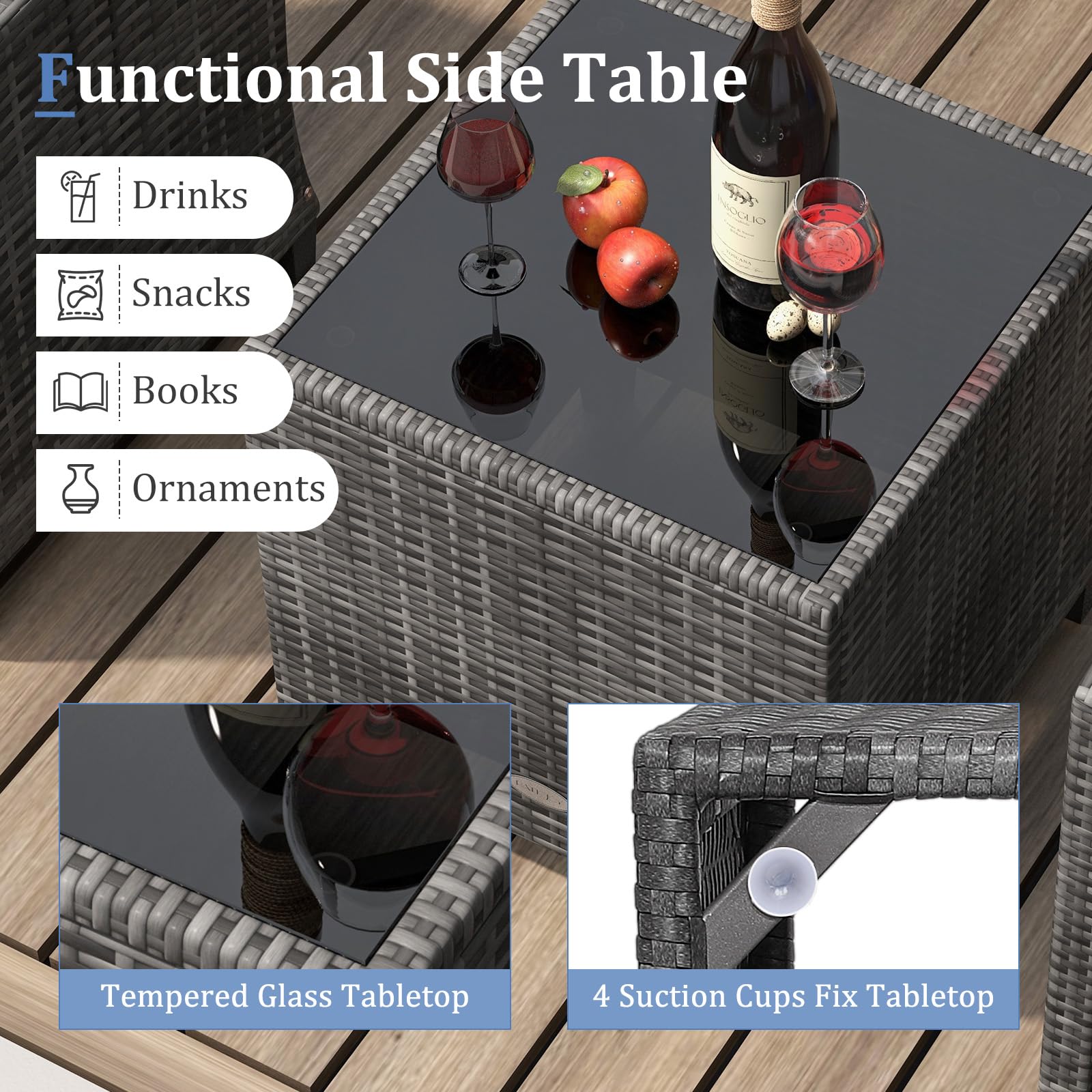 KOTEK 3-Piece Outdoor Patio Furniture Set - PE Rattan Wicker Chairs & Tempered Glass Table with Washable Cushions - Perfect for Garden, Balcony, Porch, Backyard & Poolside Relaxation (Black)