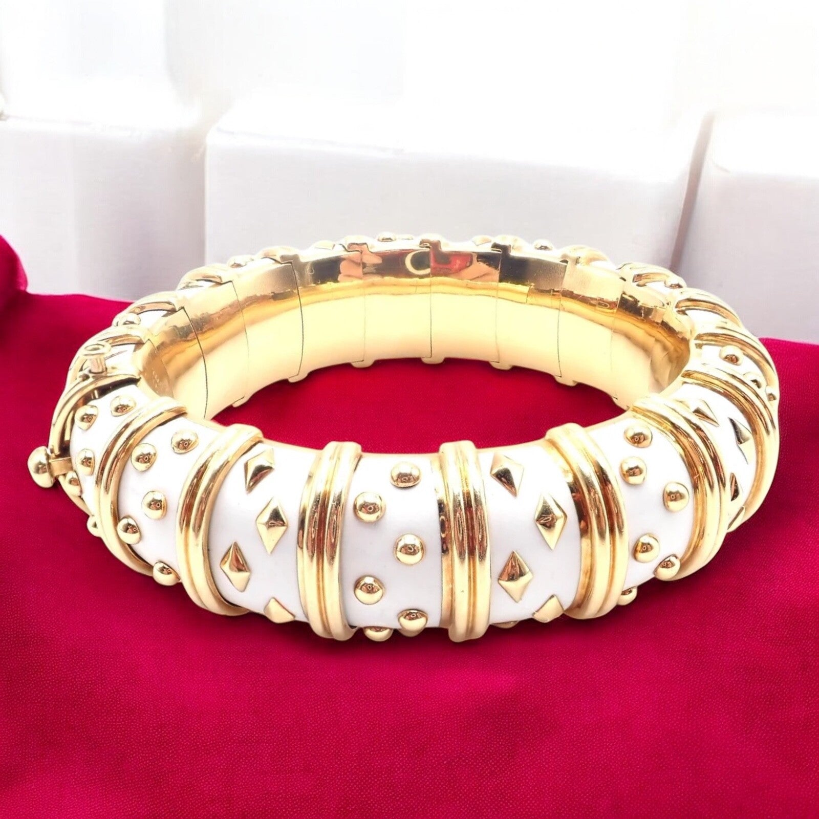 Tiffany & Co Schlumberger Dot Losange 18k Yellow Gold Enamel Bangle Bracelet - Luxury Jewelry for Women, Elegant Gift for Anniversary & Special Occasions