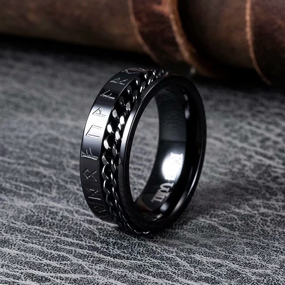 King Will 8mm Stainless Steel Fidget Spinner Ring for Men - Black & Silver Brushed Finish with Greek Key, Viking, Roman Numerals & Hammered Patterns - Anxiety Relief Ring for Stress & Focus - Perfect for Office, Travel & Daily Wear