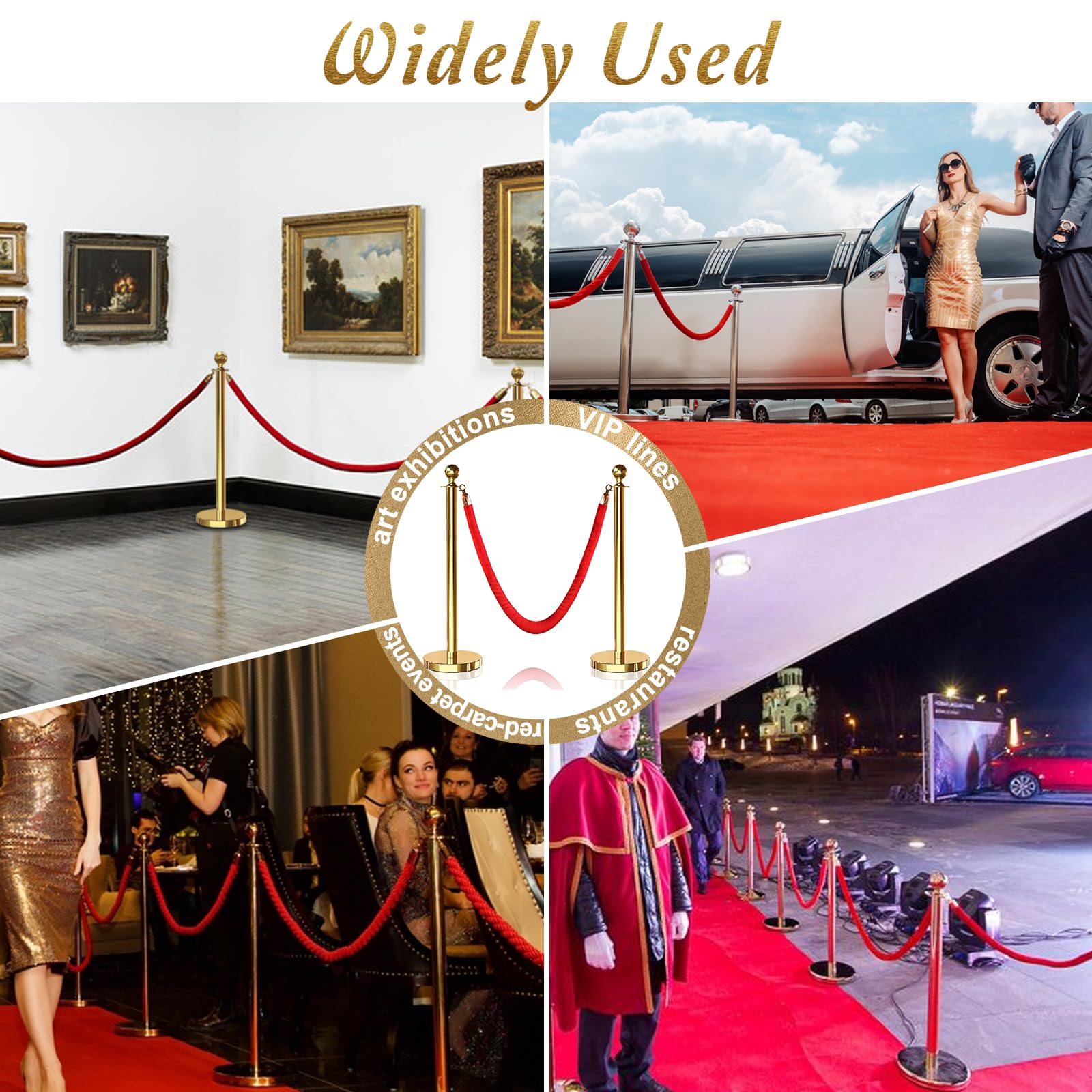 6-Piece Gold Stanchion Posts with 4-Piece 5 ft Red Velvet Rope - Premium Crowd Control Barrier Set for Events, Parties & VIP Areas | Red Carpet Poles for Weddings, Concerts & Corporate Functions