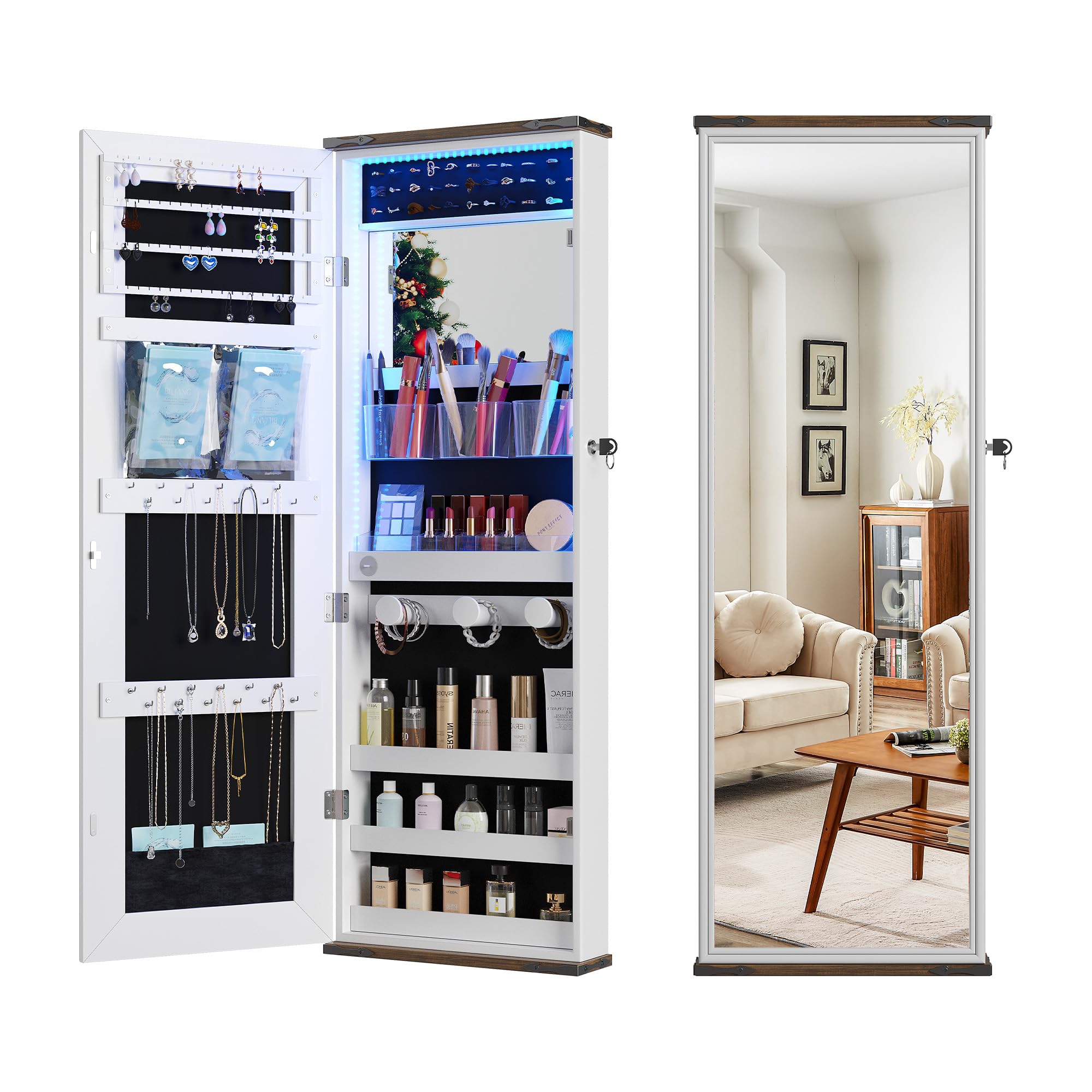 Farmhouse Jewelry Organizer with LED Lights - Wall or Door Mounted Jewelry Armoire Cabinet with Full Length Mirror, Storage & Lockable Interior - White - Perfect for Bedroom, Closet, and Dressing Room Organization