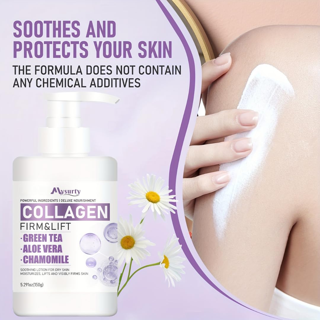Collagen Body Lotion with Aloe Vera, Green Tea & Chamomile - Hydrating & Repairing Moisturizer for Dry Skin on Face & Body - 150ml | Perfect for Daily Skincare Routine & Post-Sun Care