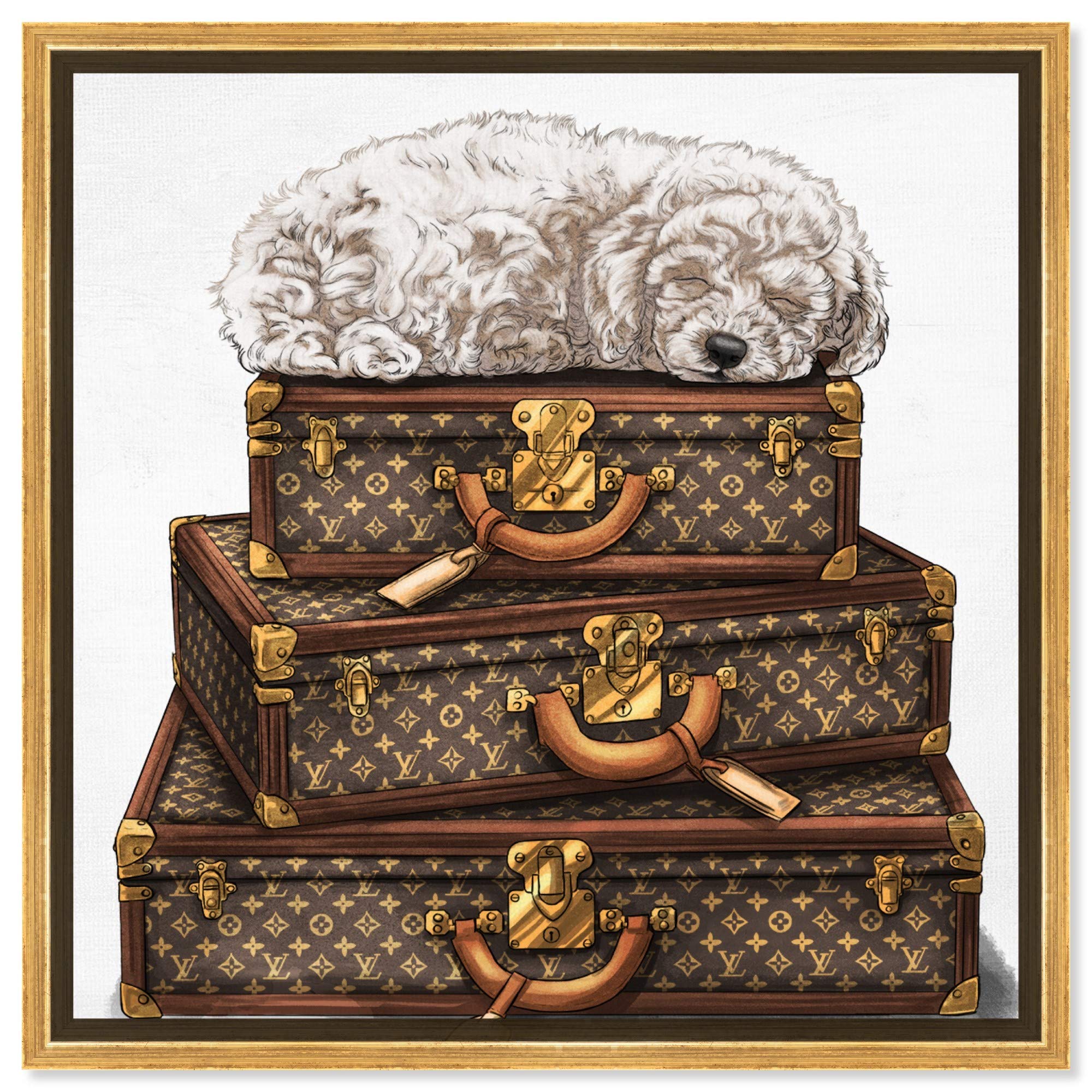 Oliver Gal Artist Co. Framed Wall Art Canvas Print - Sleeping Poodle White - 30x30 Inches Brown & Gold - Fashion Glam Home Decor for Living Room, Bedroom & Office