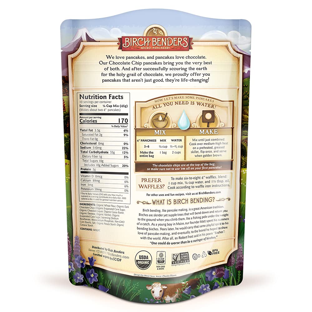 Organic Chocolate Chip Pancake & Waffle Mix by Birch Benders - Non-GMO, 16 Oz (Pack of 3) - Perfect for Breakfast, Brunch & Family Gatherings