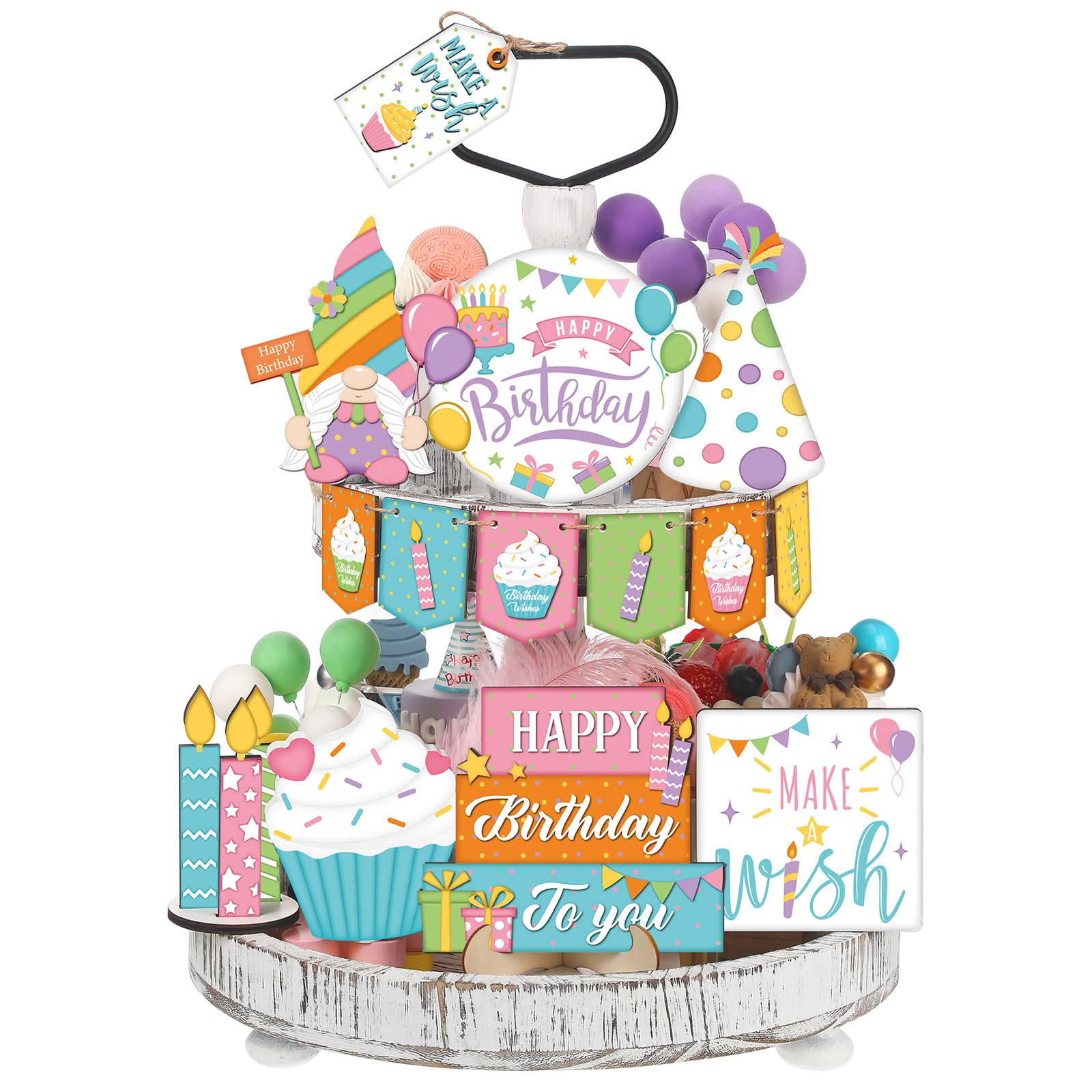 14-Piece Farmhouse Birthday Tiered Tray Decor Set - Wooden Happy Birthday Sign, Cupcake Toppers & Party Table Decorations - Perfect for Birthday Parties, Baby Showers & Home Decor