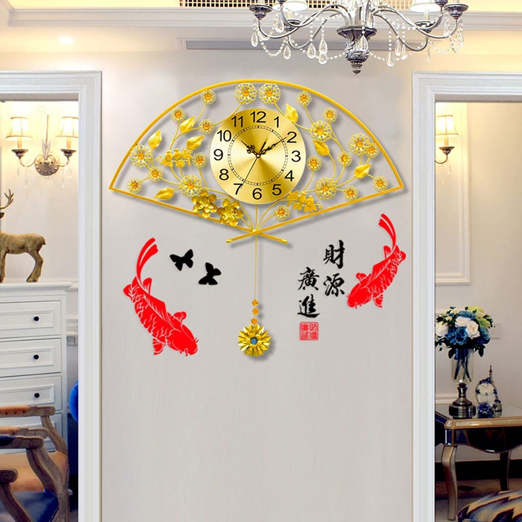 TOMYEUS Golden Fan-Shaped Wall Clock with Silent Pendulum - Elegant Decorative Wall Clock for Kitchen, Living Room, Bedroom | Perfect Home & Office Decor, Gift Idea