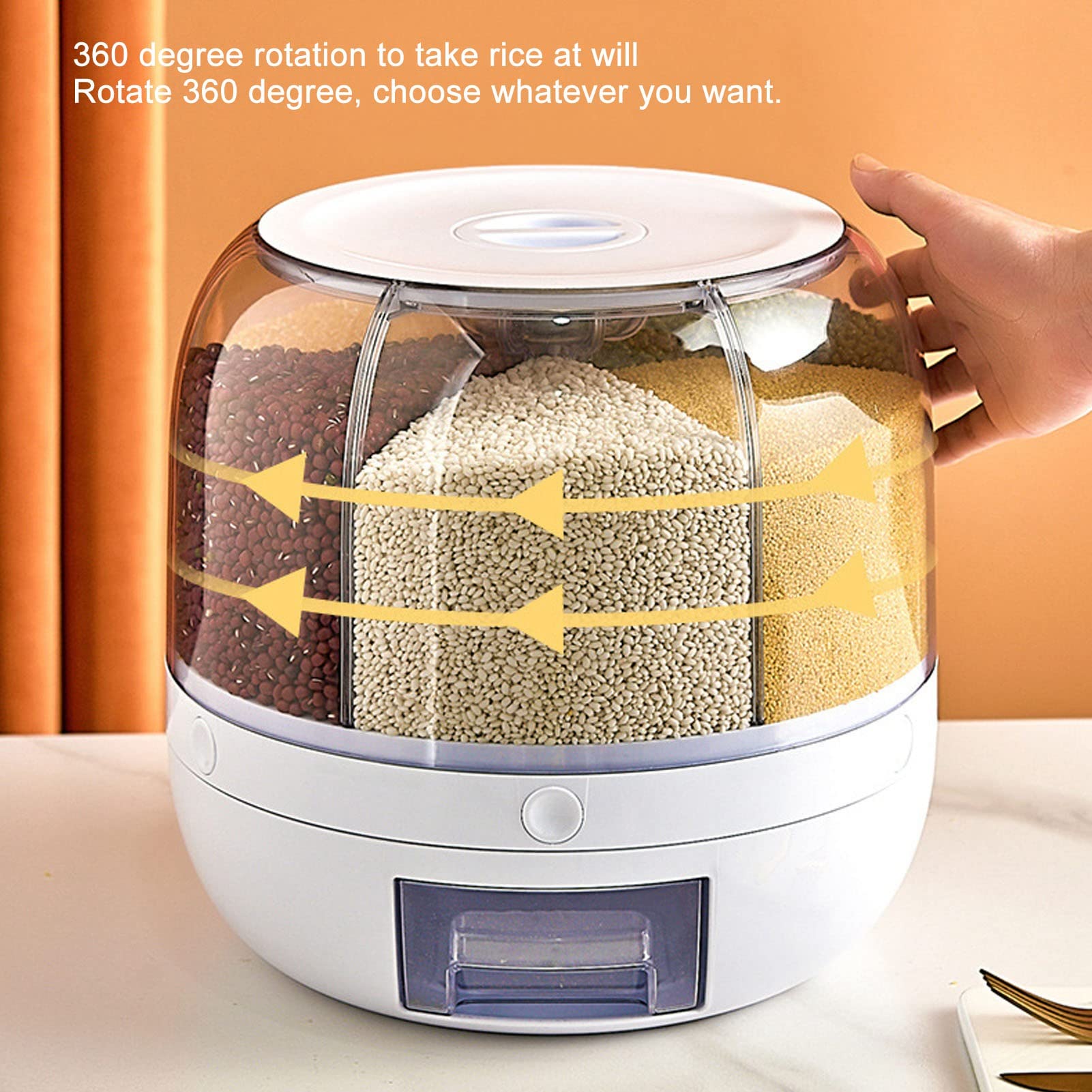 360° Rotating 6-Grid Rice & Grain Storage Container with Lid - 5kg Airtight Dry Food Dispenser for Kitchen, Pantry Organization - Perfect for Storing Rice, Flour, Cereal & Bulk Foods