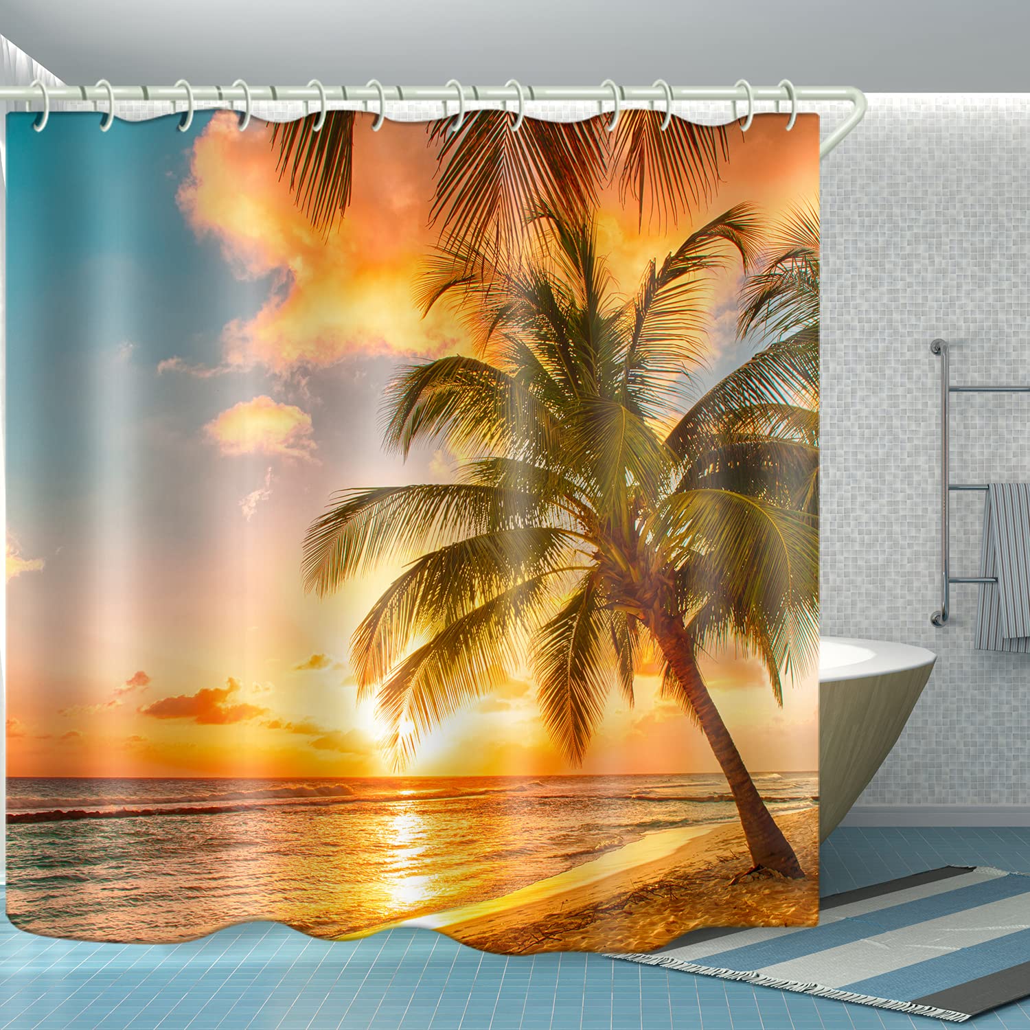 Waterproof Shower Curtain Set with Natural Beach Coconut Tree Print - Polyester Fabric Bathroom Curtain with Hooks & Liners - Coastal Decor for Bathroom, Bathtub, and Toilet Accessories - Perfect for Beach-Themed Bathrooms and Spa-Like Showower Experience