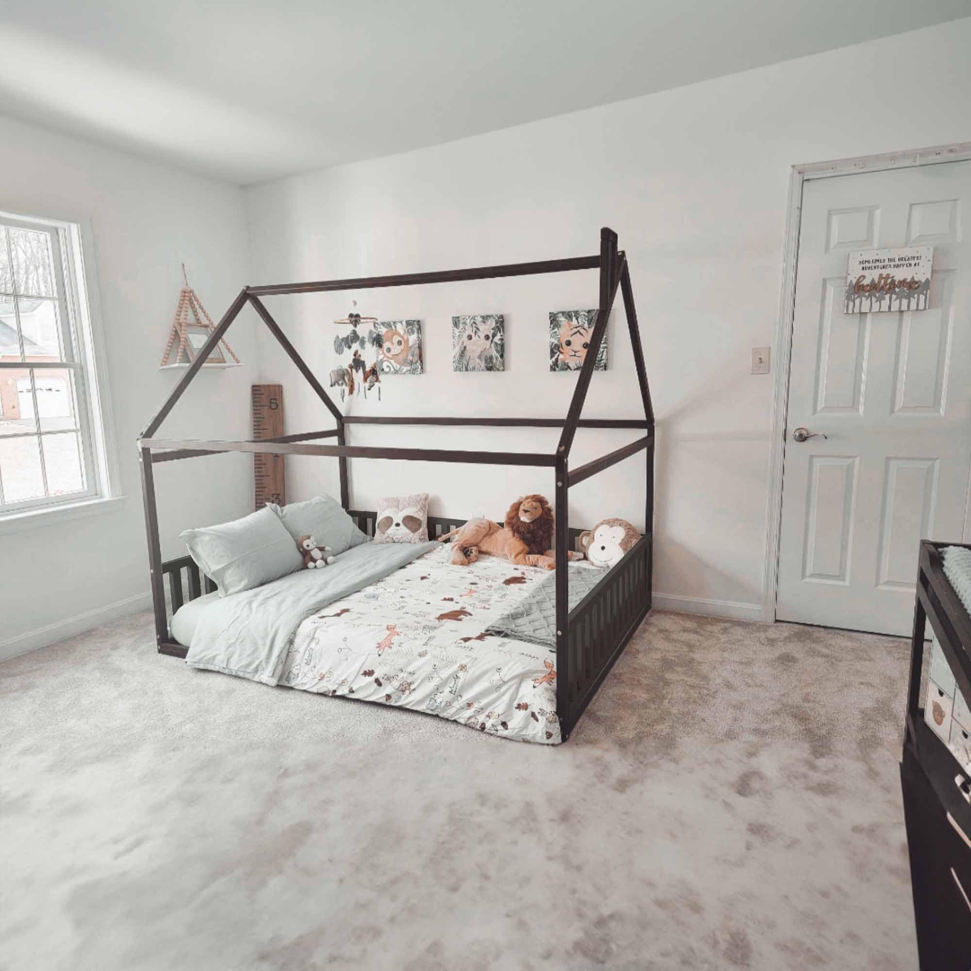 Montessori Kids House Bed with Rails - Safe Toddler Floor Bed for Playroom