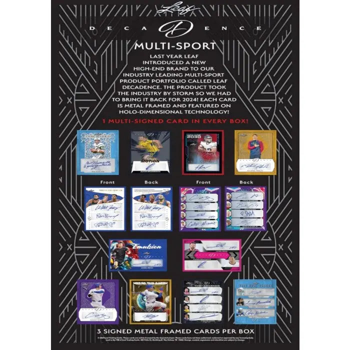 2024 Leaf Decadence Multi-Sport Trading Cards Hobby Box - Collectible Sports Cards for Baseball, Football & Basketball Fans - Perfect for Collectors, Investors & Fantasy Sports Enthusiasts
