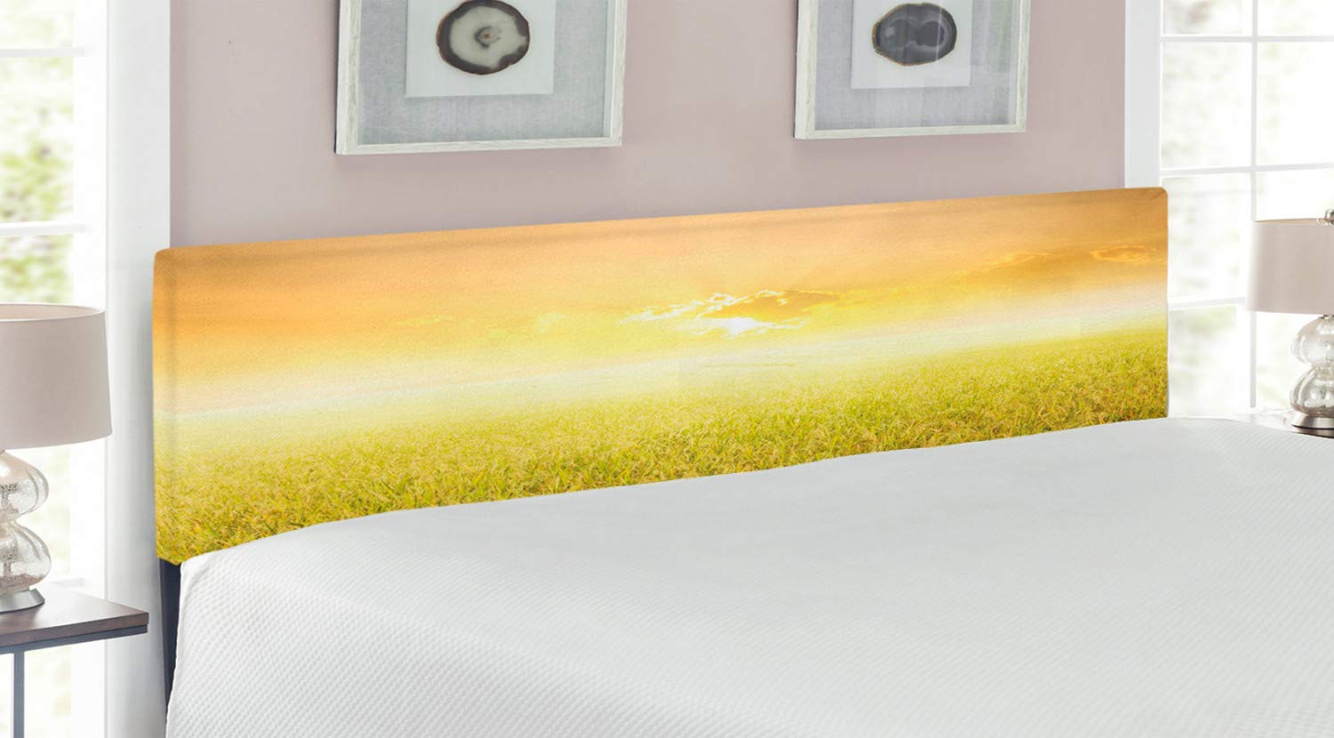 Ambesonne King Size Upholstered Headboard - Yellow Beige Rice Field Farm Sunset Countryside Design with Memory Foam | Decorative Metal Bed Headboard for Master Bedroom, Guest Room & Farmhouse Decor