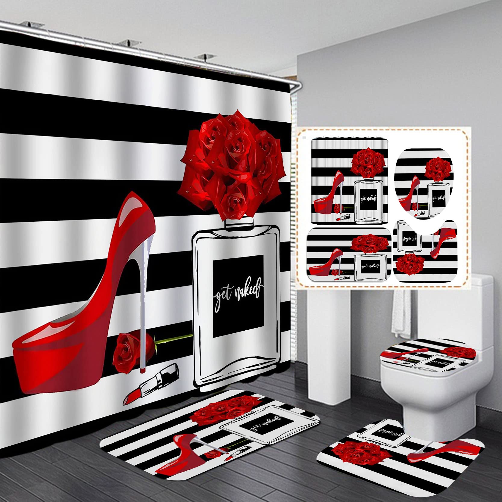 4PCS Fashion Shower Curtain Set - Red High Heels, Lipstick & Perfume Print, Black & White Striped Modern Bathroom Decor with Non-Slip Mat | Valentine's Day Gift, Romantic Women's Bathroom Accessories for Home Decor