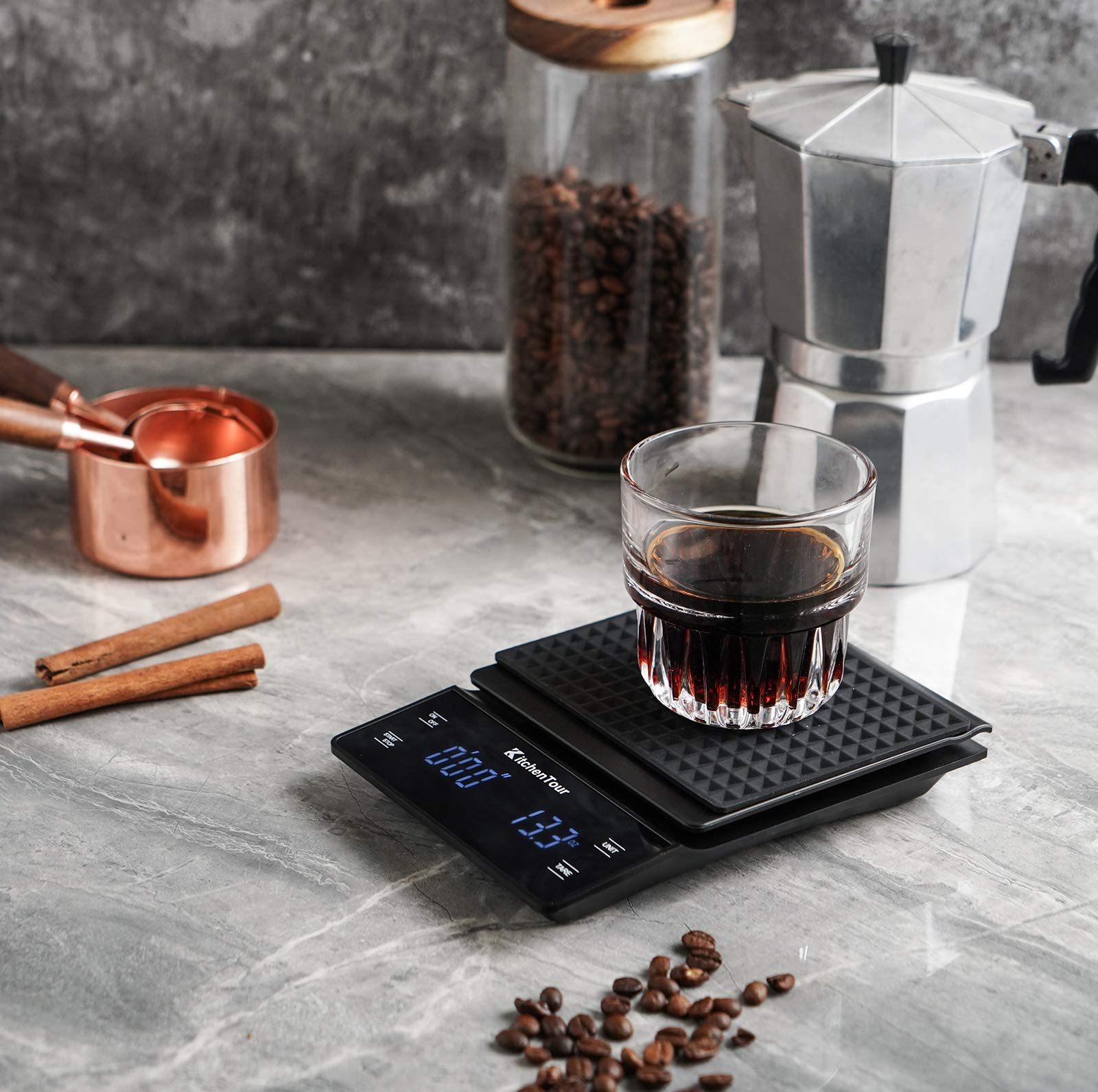 KitchenTour Digital Coffee Scale with Timer - 3kg/0.1g High Precision Pour Over & Espresso Scale, Backlit LCD Display (Batteries Included) - Perfect for Home Baristas, Coffee Shops & Brewing Enthusiasts