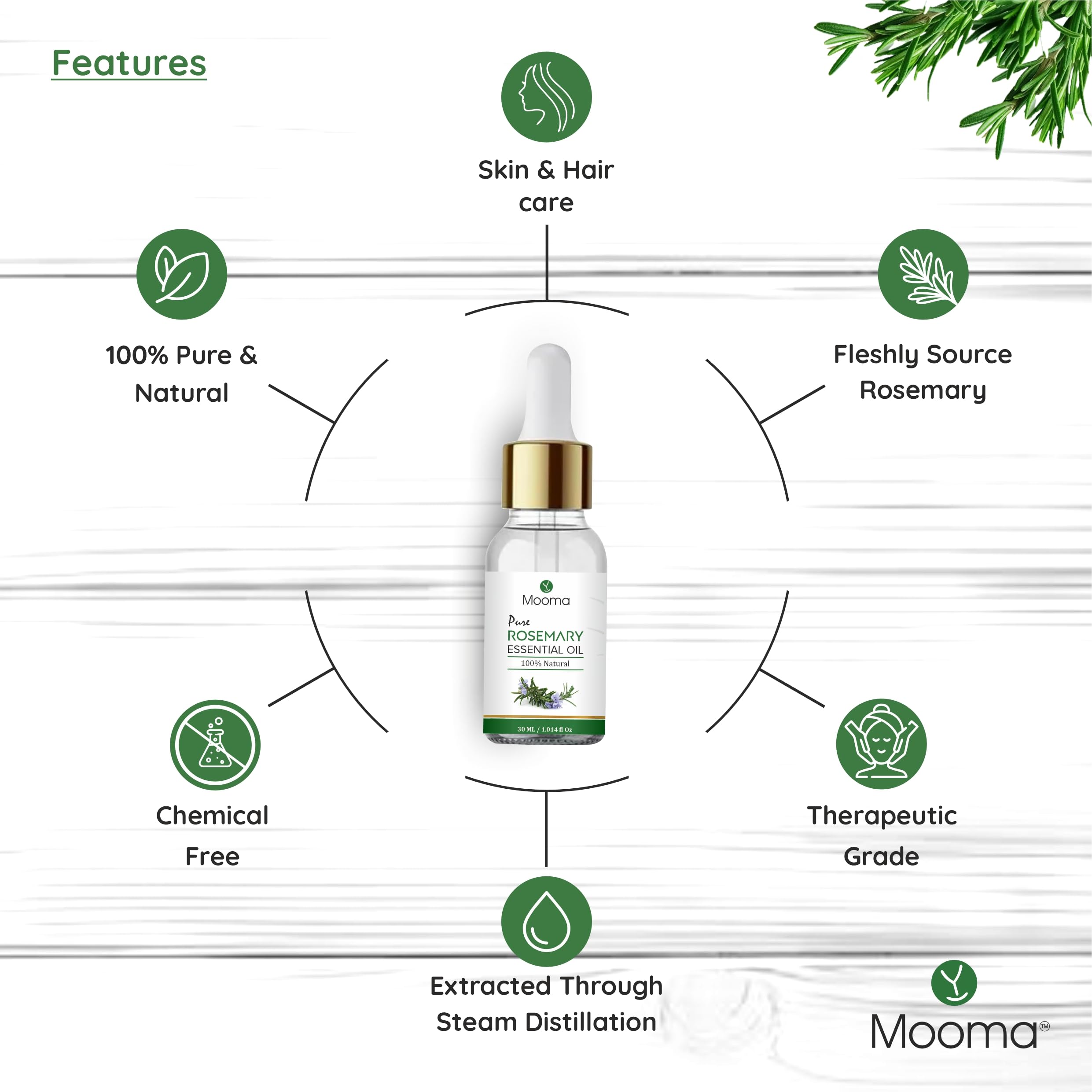 MOOMA Pure Rosemary Essential Oil for Hair Growth, Shine & Nourishment | Facial Treatment for Toned, Balanced & Rejuvenated Skin | 30ML | Perfect for Aromatherapy, DIY Hair Care & Skin Care Routines
