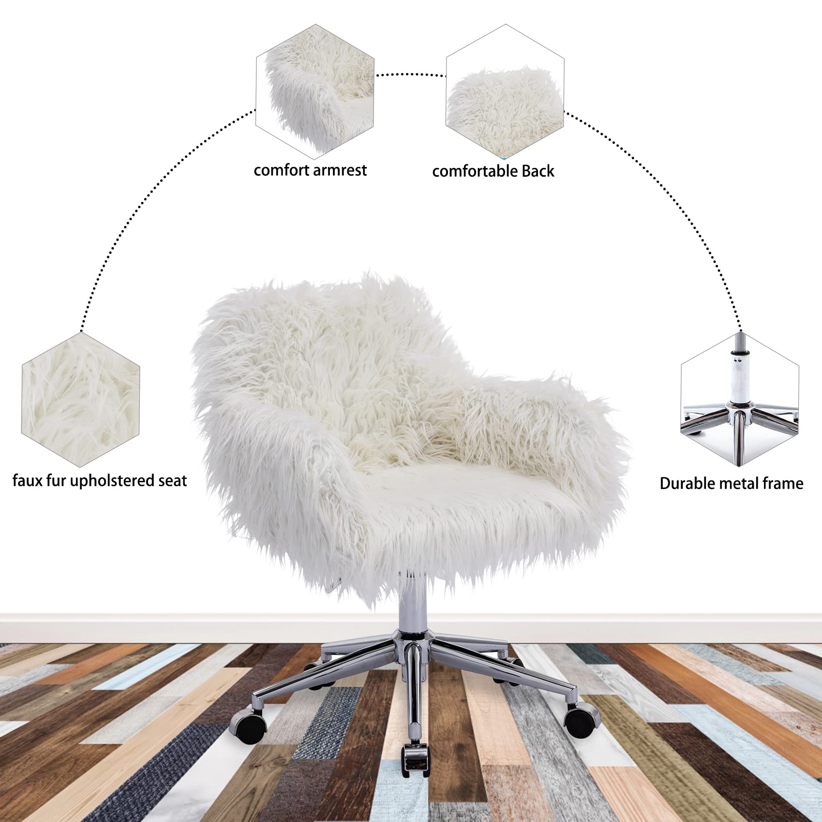 White Faux Fur Desk Chair with Wheels - Modern Adjustable Swivel Vanity Chair for Women & Girls, Ergonomic Office Task Chair with Arms - Perfect for Home Office, Bedroom, and Makeup Station (White)