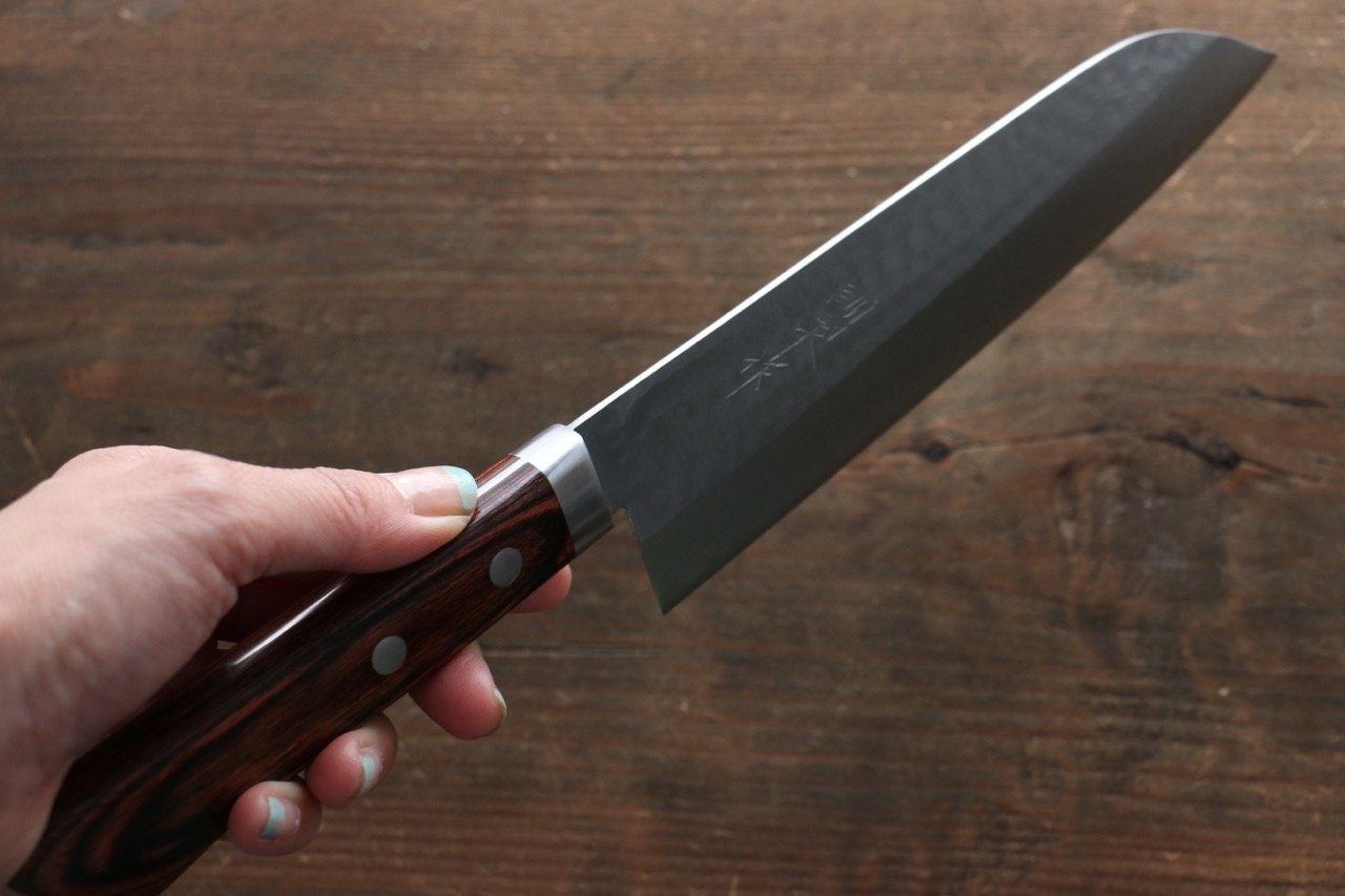 Premium Kunihira VG1 Hammered Santoku Knife 170mm - Japanese Chef Knife with Mahogany Handle - Perfect for Slicing, Dicing & Chopping Vegetables, Meat & Fish