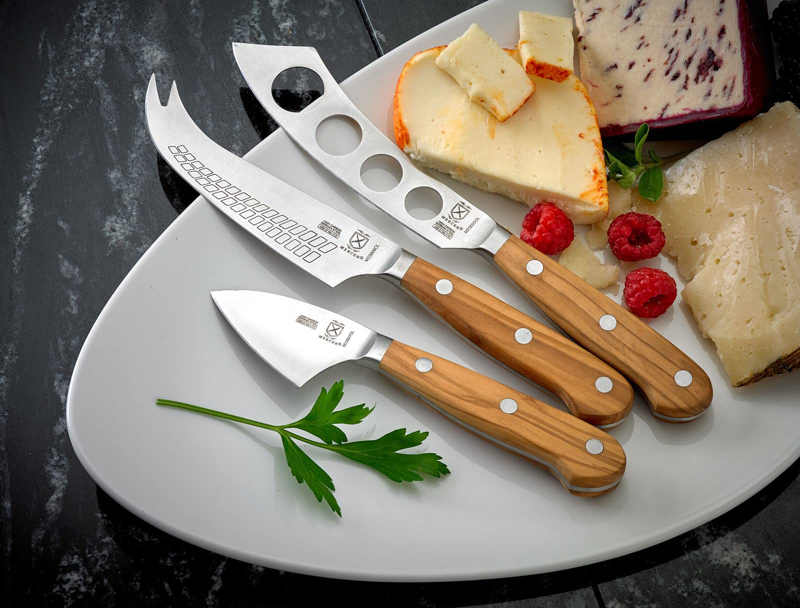 Premium Mercer Culinary Renaissance Olive Wood Cheese Knife Set - 3-Piece Handcrafted Cheese Cutting Board & Knives for Entertaining, Charcuterie Boards & Gourmet Cheese Platters