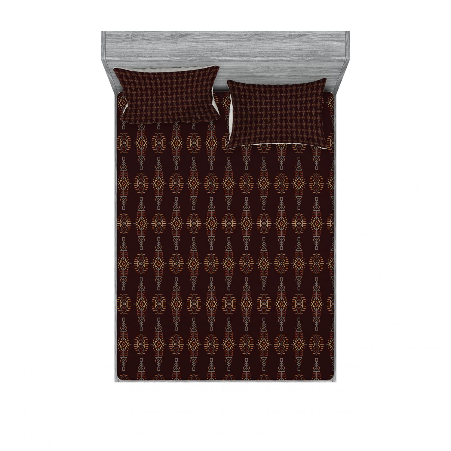 Ambesonne Tribal 2-Piece King Size Fitted Sheet Set with 4 Bohemian Pillow Shams - Aboriginal Art Inspired Brown Burgundy Amber Bedding Collection | Perfect for Boho Chic Bedroom Decor, Guest Rooms & Vacation Homes
