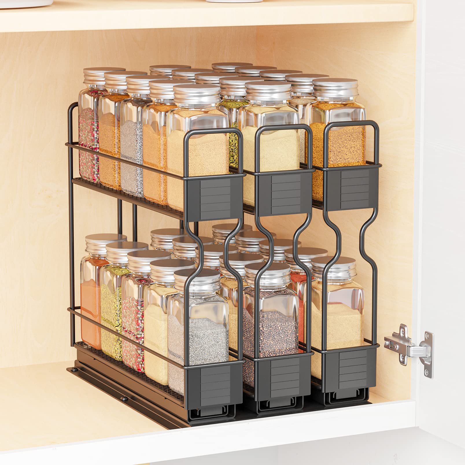 SpaceAid Pull-Out Spice Rack Organizer with 30 Jars - 3-Tier Slide-Out Cabinet Organizer for Kitchen, Pantry & Countertop - Includes Labels (7.7