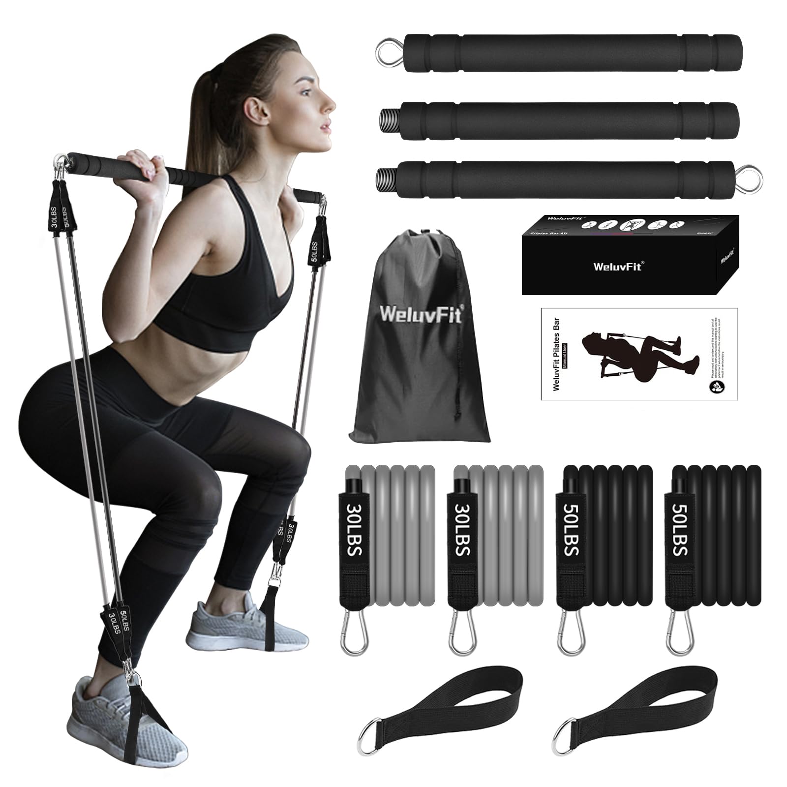 WeluvFit Pilates Bar Kit with Resistance Bands - Portable Home Gym Equipment for Women & Men - 3-Section Adjustable Yoga Stick & Flexbands for Full Body Workout - Perfect for Home Fitness, Pilates, Yoga & Strength Training