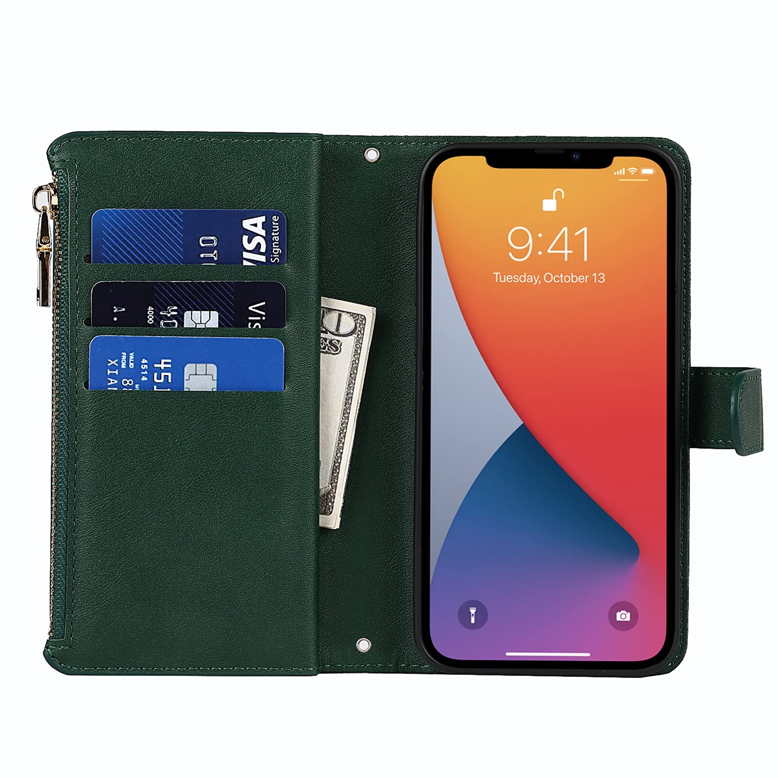 Jaorty iPhone 12 Pro Max Wallet Case (6.7 Inch) - PU Leather Phone Case with Card Holder, Zipper Pocket & Adjustable Crossbody Strap - Dark Green - Perfect for Women's Daily Use, Shopping & Travel