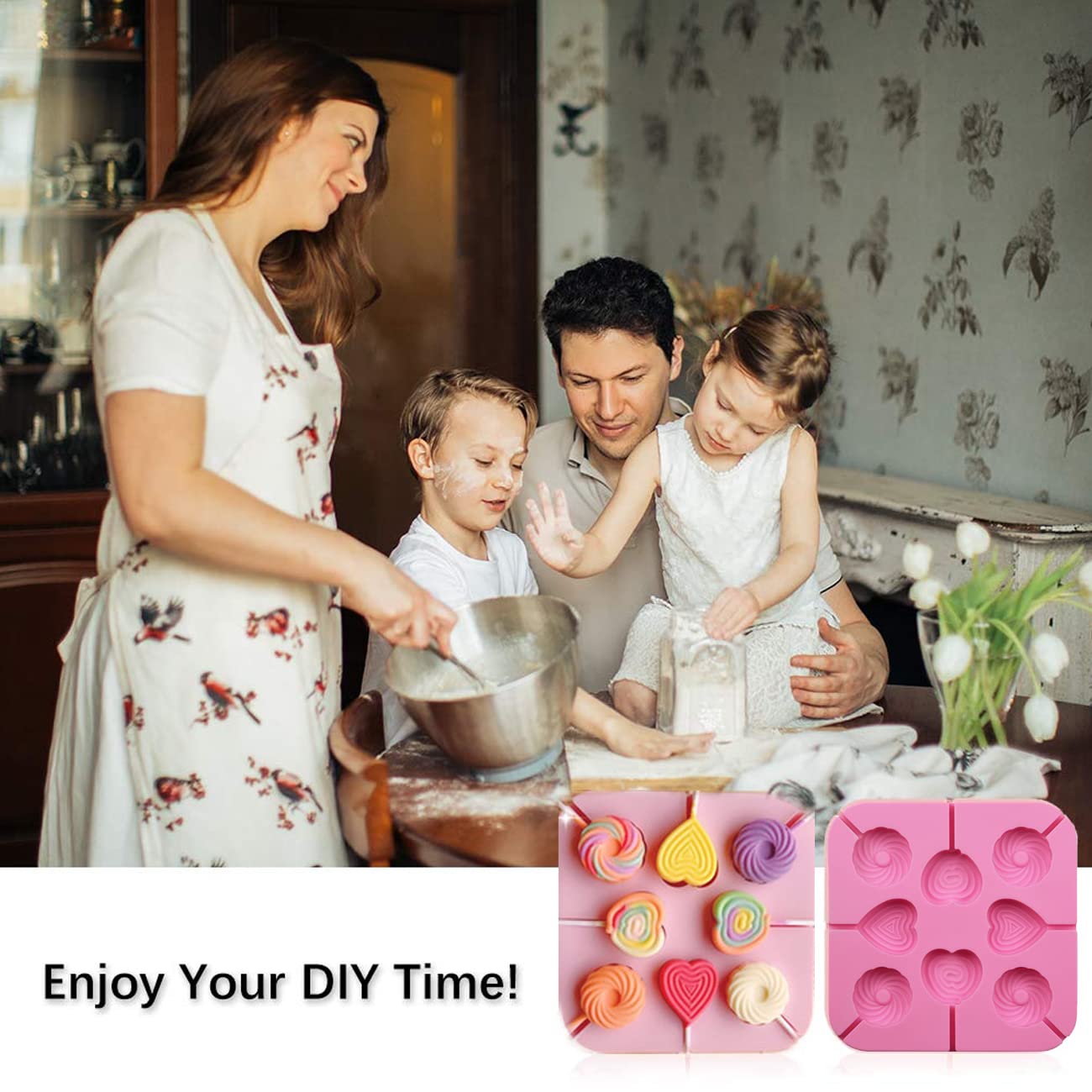 2Pcs Heart-Shaped Silicone Lollipop Molds - 8 Cavity Food Grade Chocolate & Hard Candy Molds with 40 Lollipop Sticks - Perfect for Valentine's Day, Birthday Parties, and DIY Candy Making