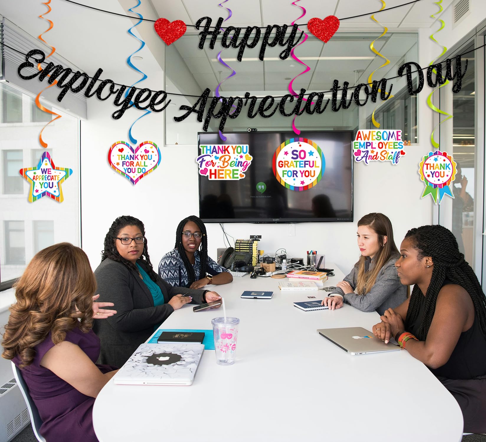 Black Glitter Happy Employee Appreciation Day Banner - Staff Thank You Garland & Swirl Decorations for Office Party, Workplace Celebration - Perfect for Corporate Events, Team Recognition & Employee Awards Ceremony