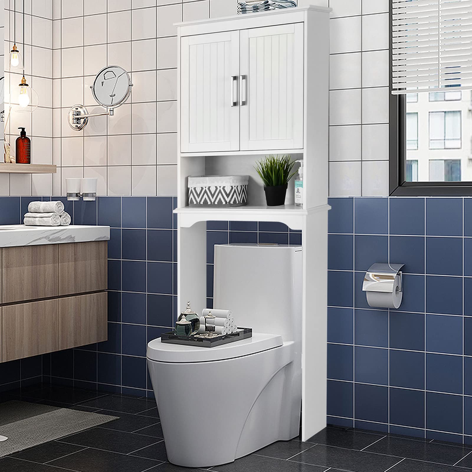 Best Comfort Over The Toilet Storage Cabinet - White Bathroom Space Saver with Adjustable Shelves & Open Bottom Shelf | 25