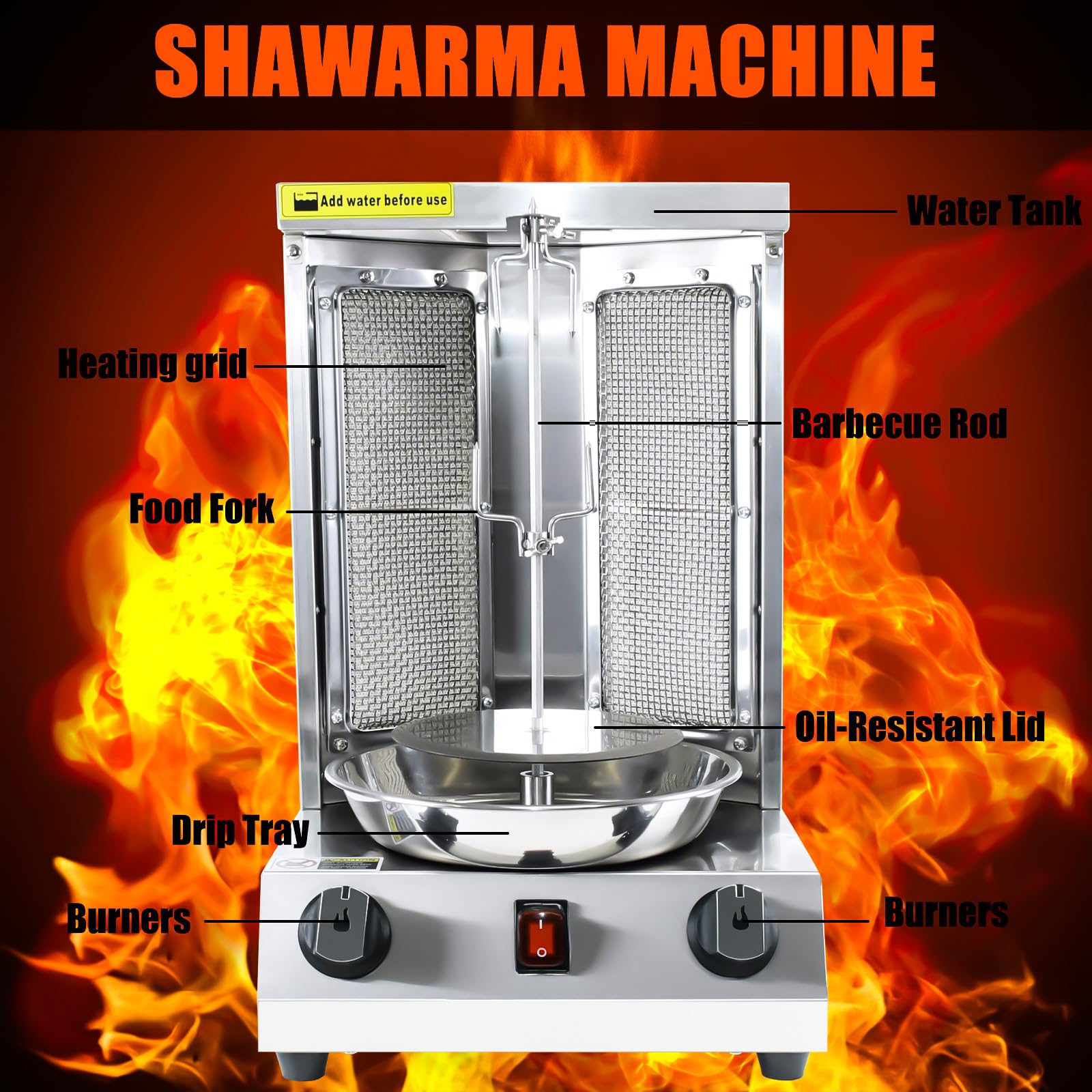 KOOTEN Vertical Shawarma Machine - Propane Gyro Grill, Chicken Roaster & Doner Kebab Maker with 2 Burners & Meat Catch Pan - Perfect for Restaurants, Food Trucks & Catering Events