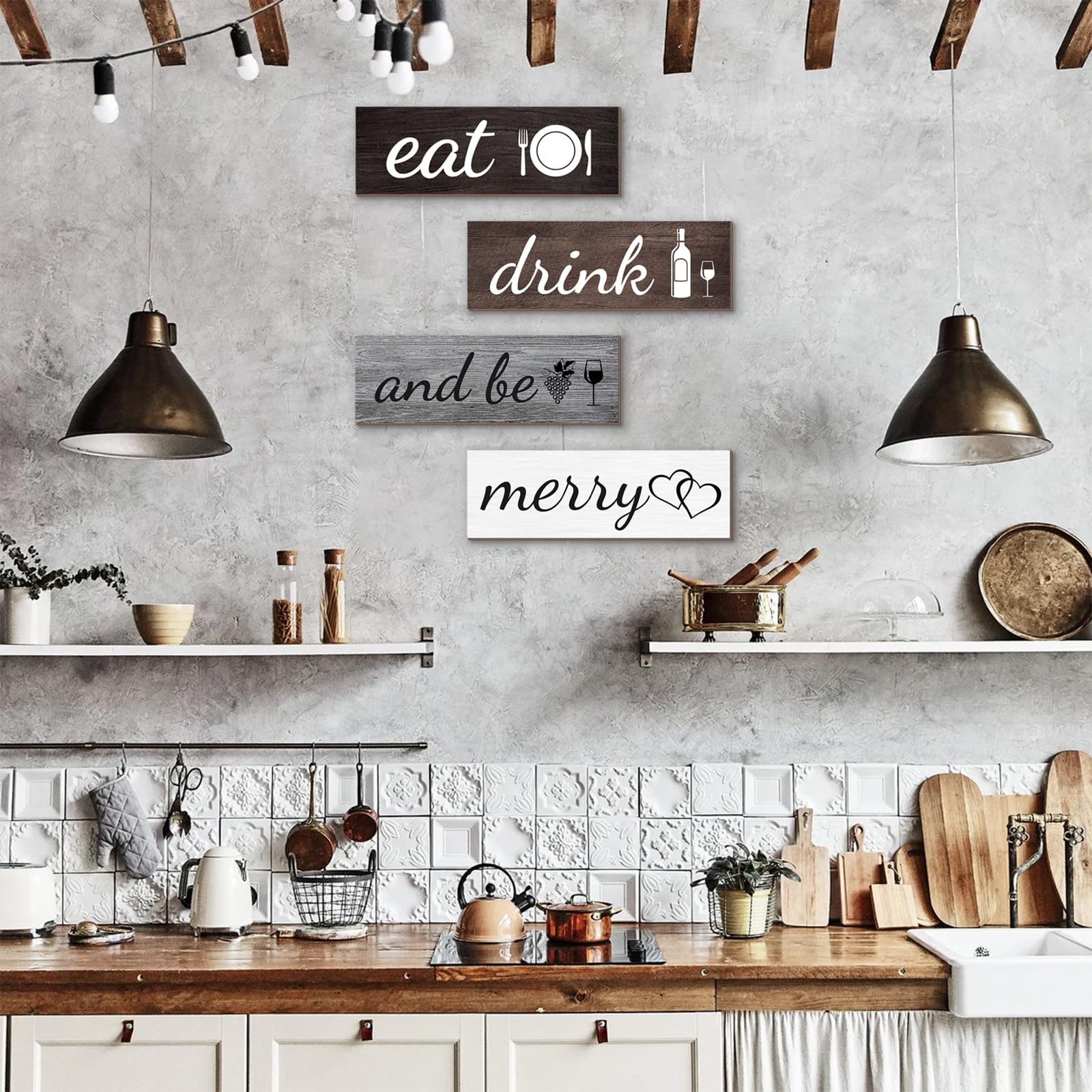 Joyhawk 4-Piece Rustic Farmhouse Kitchen Decor Set - Wooden 'Eat' & 'Drink and Be Merry' Wall Art Signs for Dining Room & Home - Perfect for Country Style Kitchens, Restaurants, and Farmhouse Themed Weddings