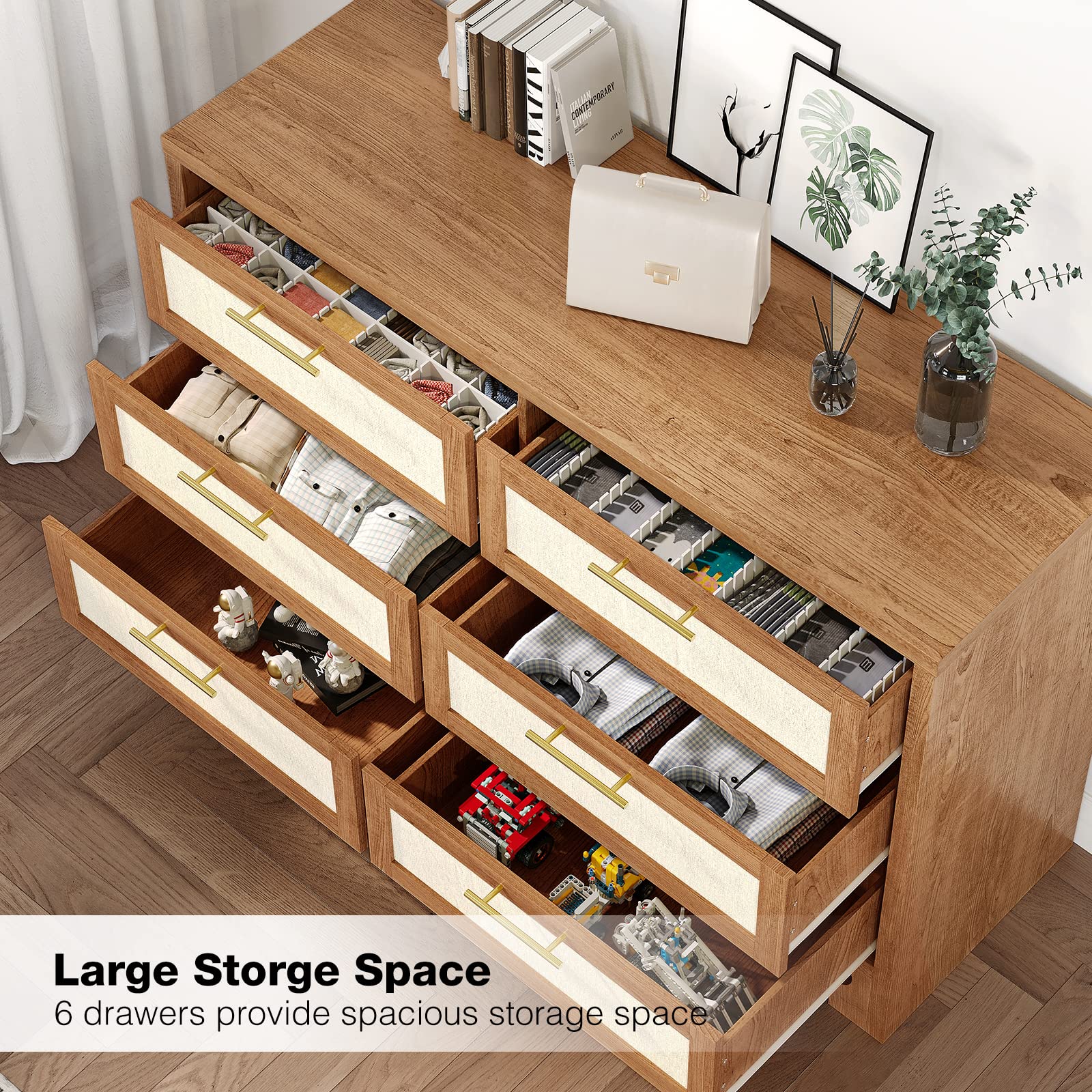 IDEALHOUSE 6-Drawer Burlap Design Wood Dresser for Bedroom, Closet, Living Room, Hallway & Nursery - Caramel Finish Storage Chest | Perfect for Kids' Room Organization & Home Decor