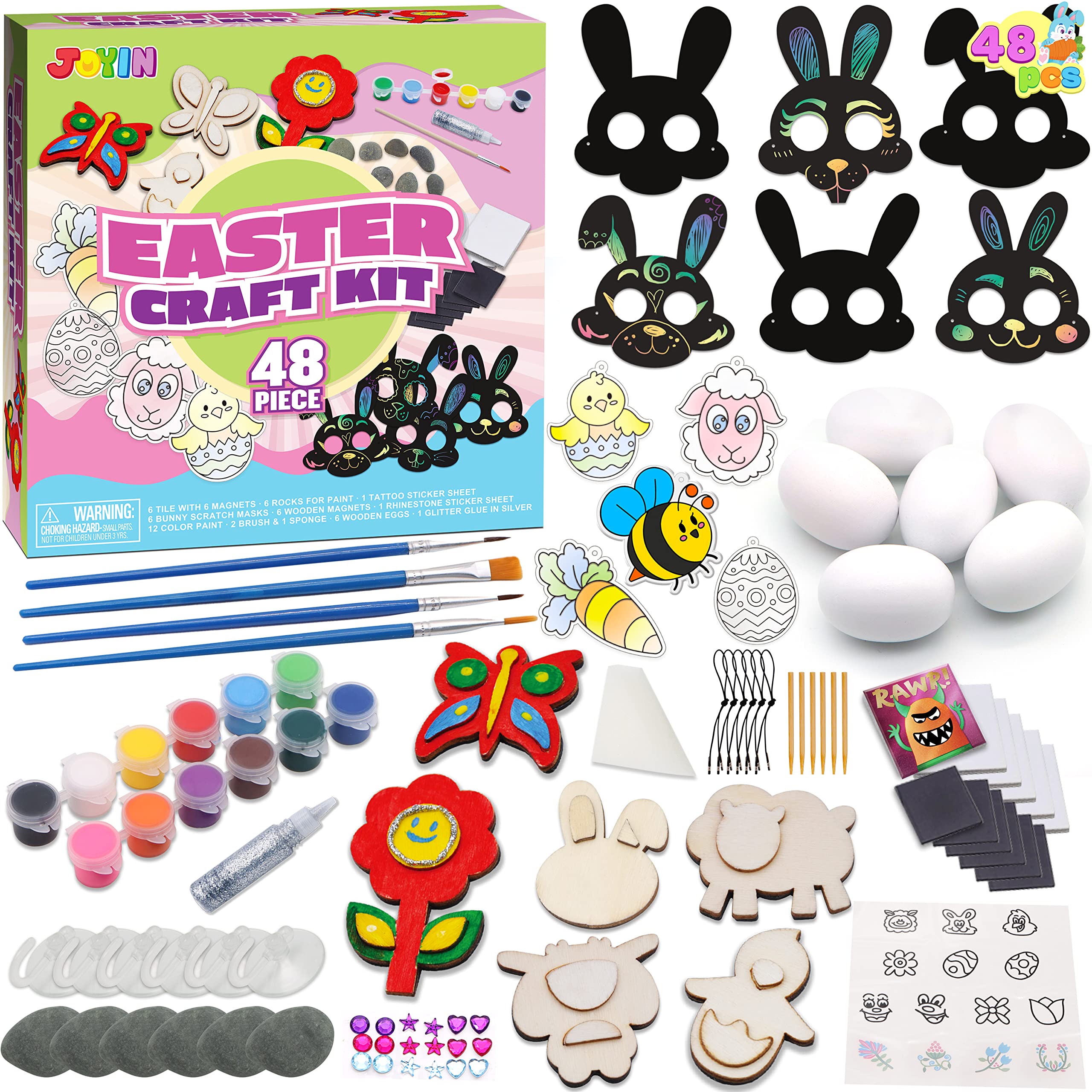JOYIN 48-Piece Easter Craft Kit for Kids - DIY Painting Set with Rocks, Scratch Art Masks, Wooden Eggs & Magnets - Creative Easter Basket Stuffers, Party Favors & School Activities - Perfect for Easter Celebrations, Classroom Projects & Family Craft Time