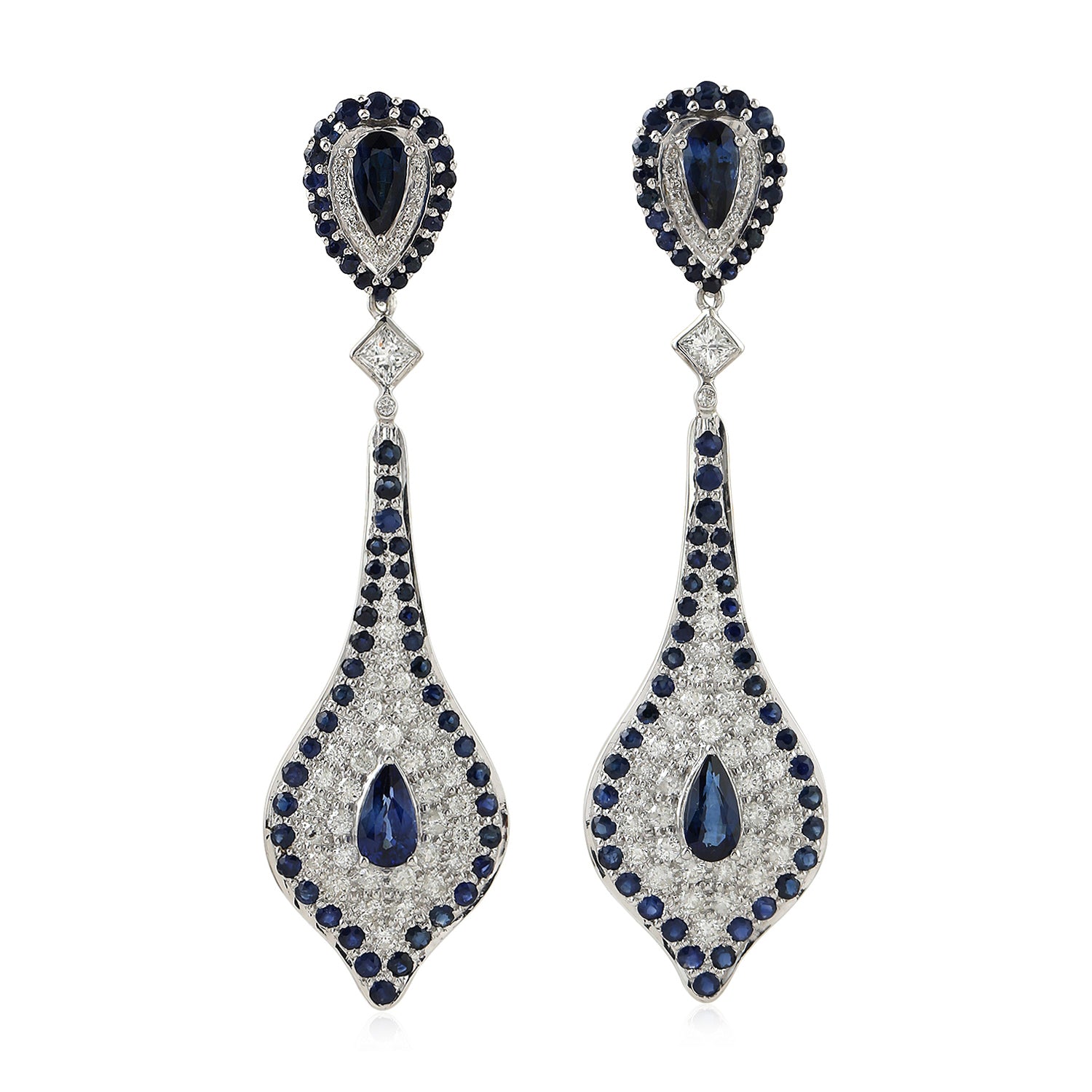 18K White Gold Blue Sapphire Pave Diamond Dangle Earrings - Elegant Jewelry Gift for Women, Perfect for Weddings, Parties & Special Occasions