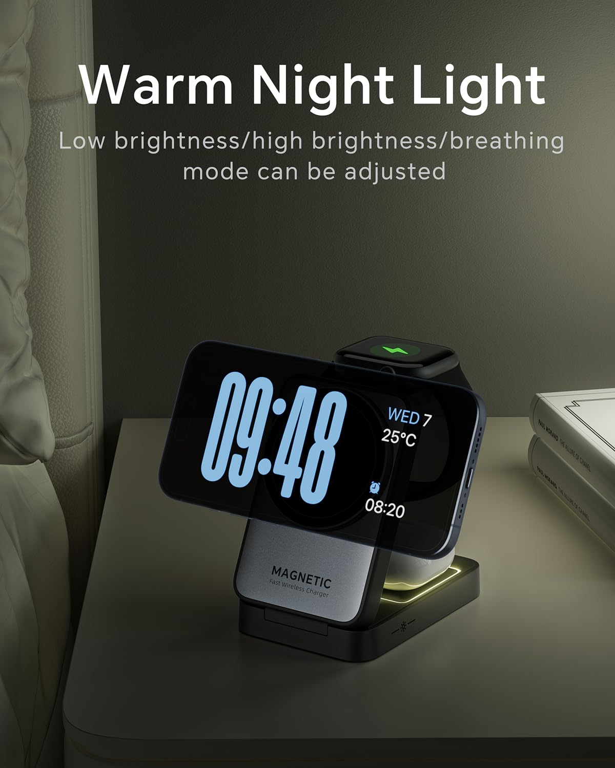 2024 Upgraded 3-in-1 Magnetic Wireless Charging Station - Foldable Travel Charger with Night Light for iPhone 16/15/14/13/12, Apple Watch & AirPods | Magsafe Compatible | Perfect for Bedside, Office & Travel Use