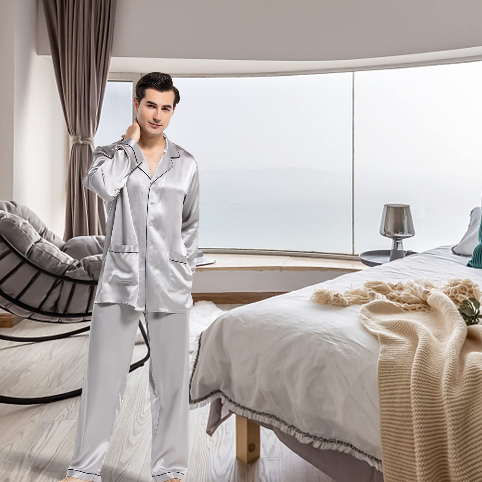 Luxury COLD POSH Men's Silk Pajamas Set - 100% Pure Silk Long Sleeve Sleepwear with Button-Down Top & Pants | Perfect for Relaxation, Lounging & Gift Giving