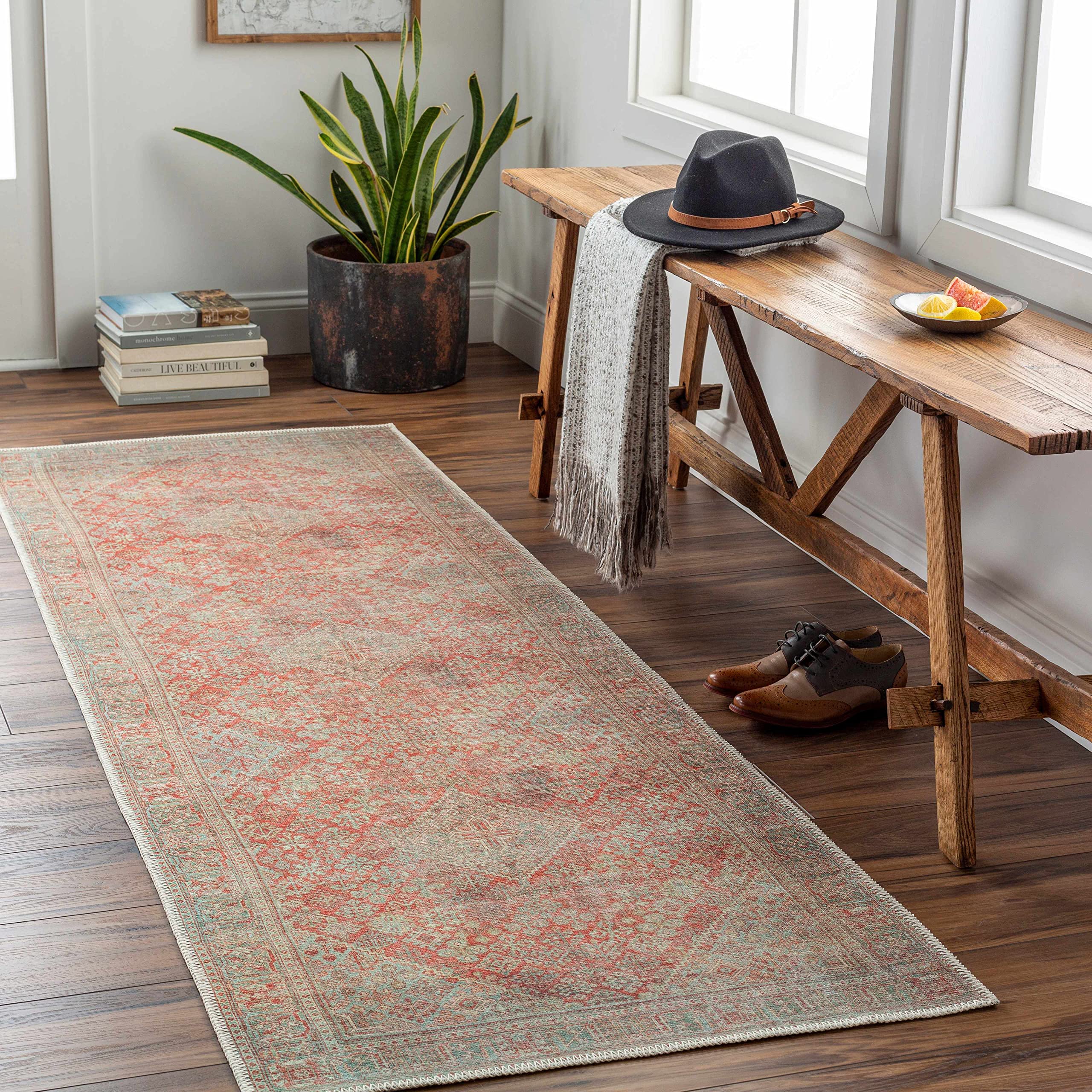 Hauteloom Saguday Washable Area Rug - Traditional Design in Rust, Sage, Beige - 6'7