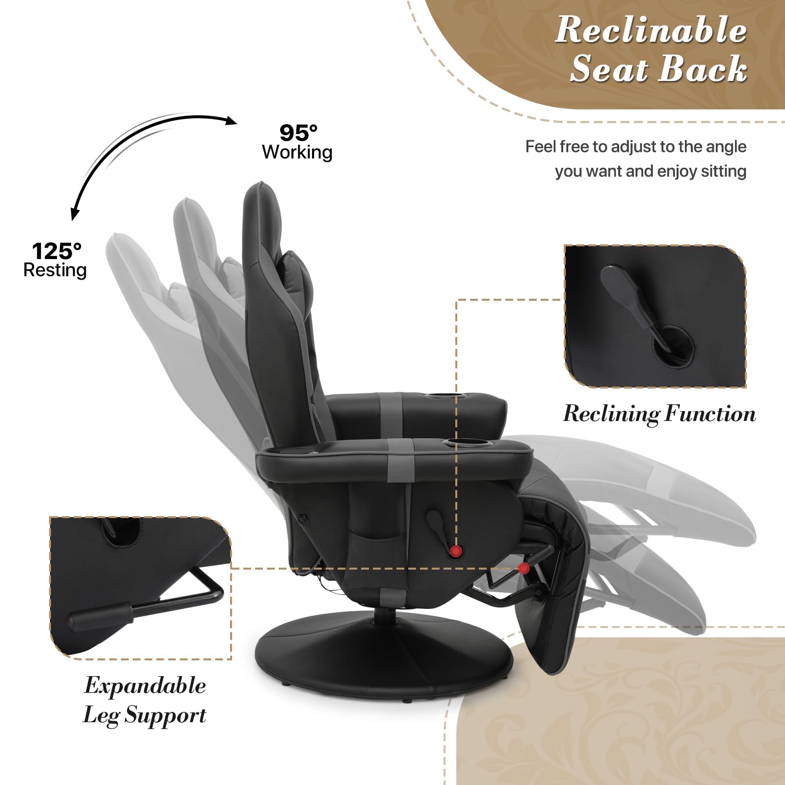 Athena Collection Ergonomic Massage Gaming Chair with Bluetooth Speaker - Adjustable Recliner PU Leather Office Chair with Footrest, Cup Holder & Side Pouch - Perfect for Gaming, Work & Home Office Relaxation - Grey
